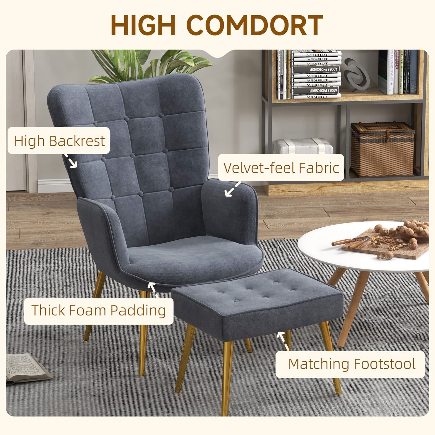 Relax in Style: Dark Grey Velvet Armchair & Footstool Set - image 1