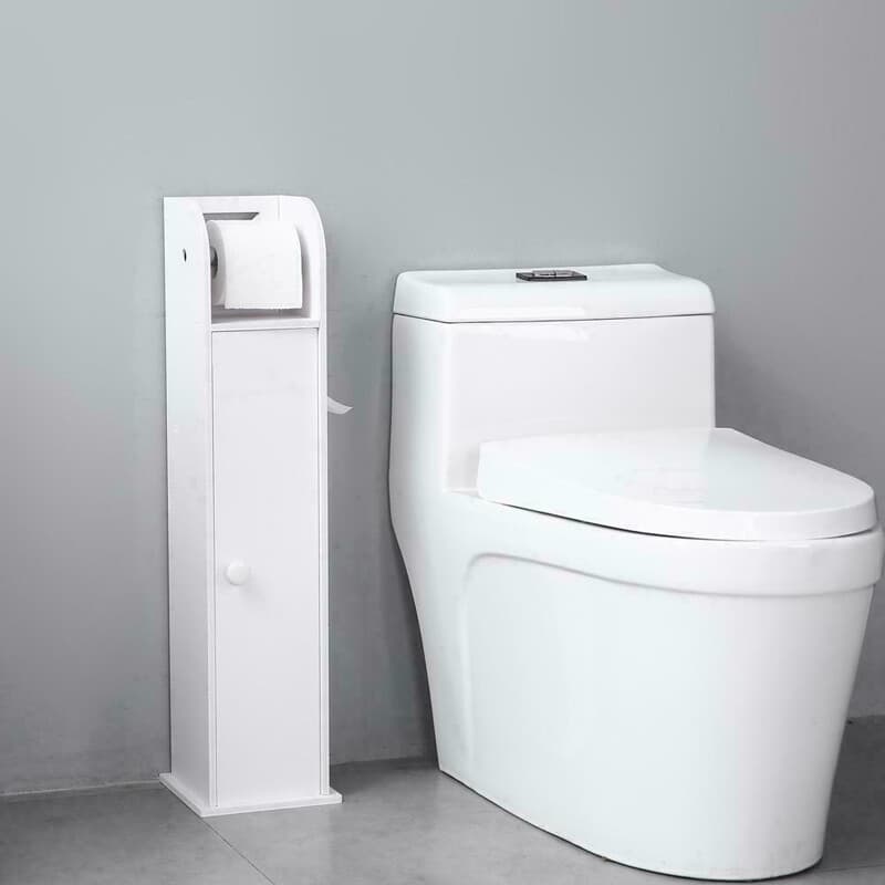 White Freestanding Bathroom Cabinet with Built-In Toilet Roll Holder - image 4