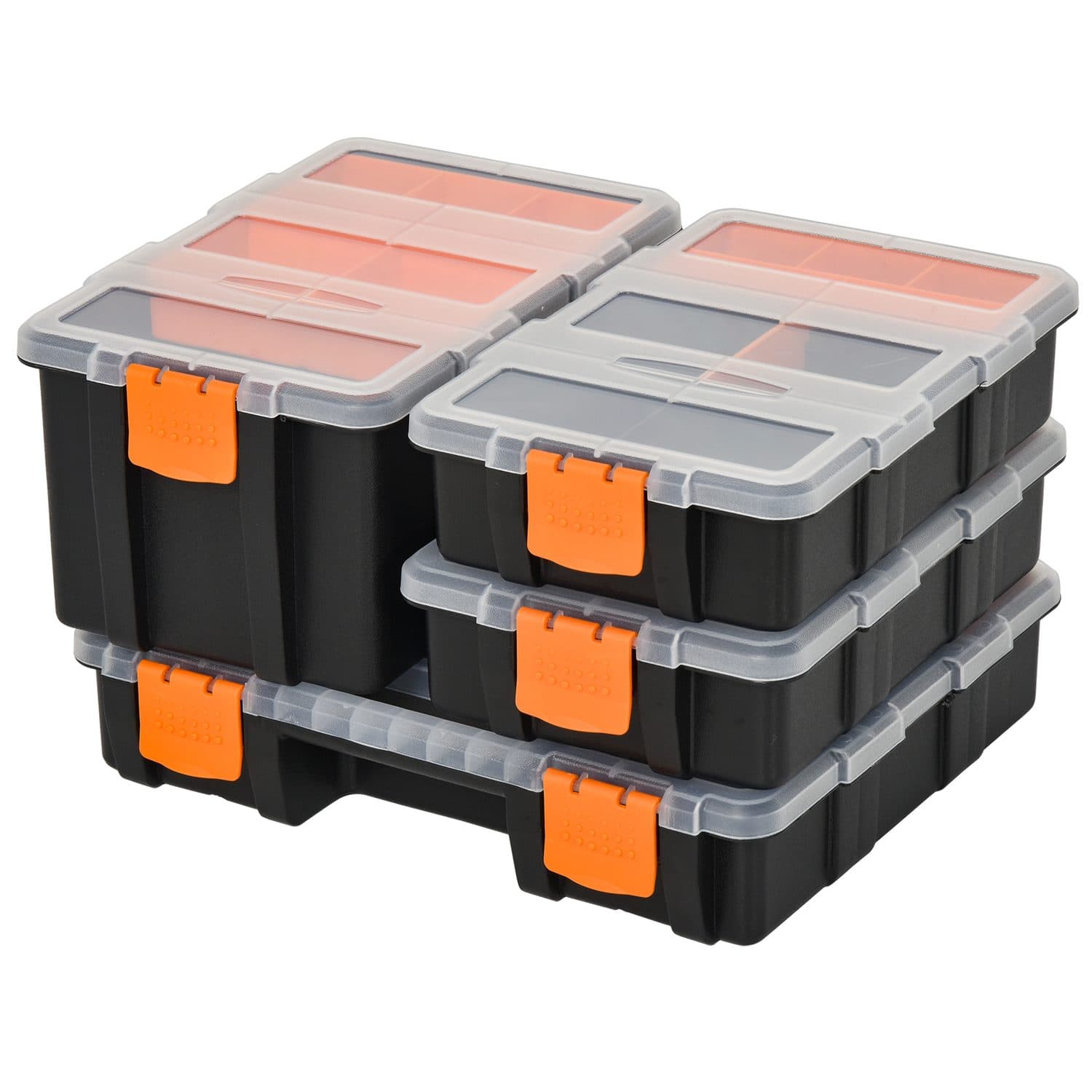 4-Piece Stackable Tool Storage Set with Locking Lids and Dividers - Orange