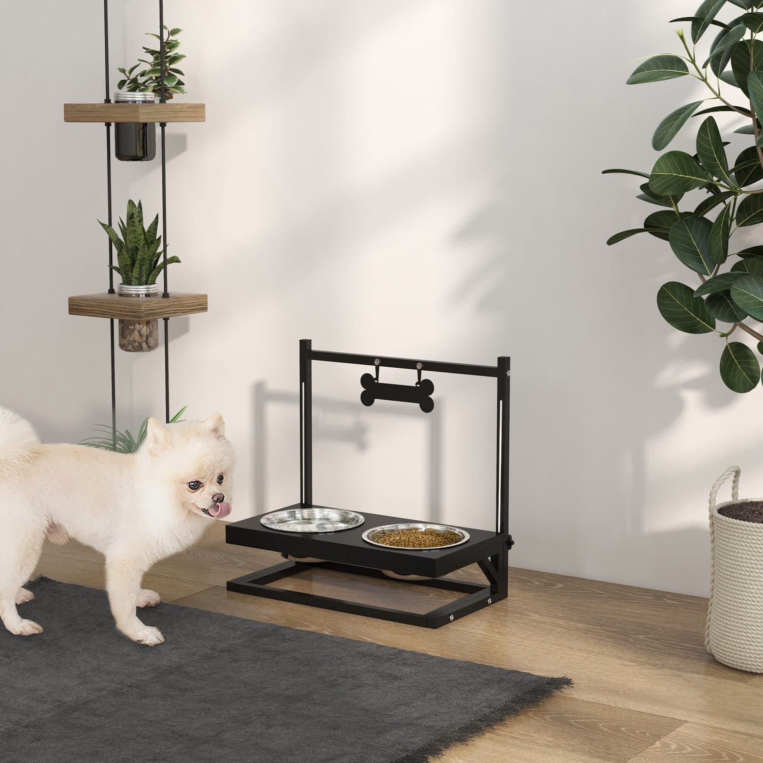 Height-Adjustable Dog Feeder Stand in Black with Two Stainless Bowls - image 4