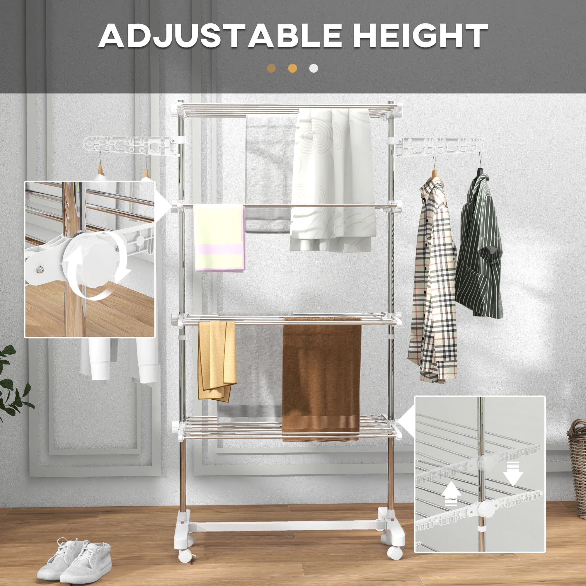 Four-Tier Clothes Horse with Foldable Side Arms and Braked Wheels - image 5