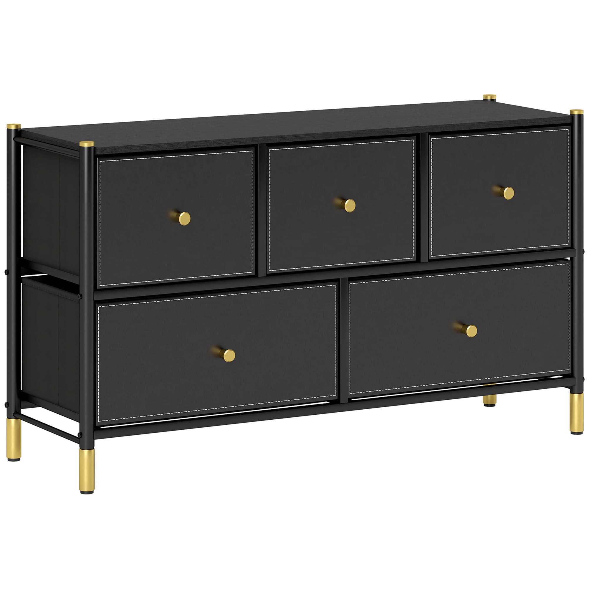 Wide Five-Drawer Chest in Black Faux Leather and Gold