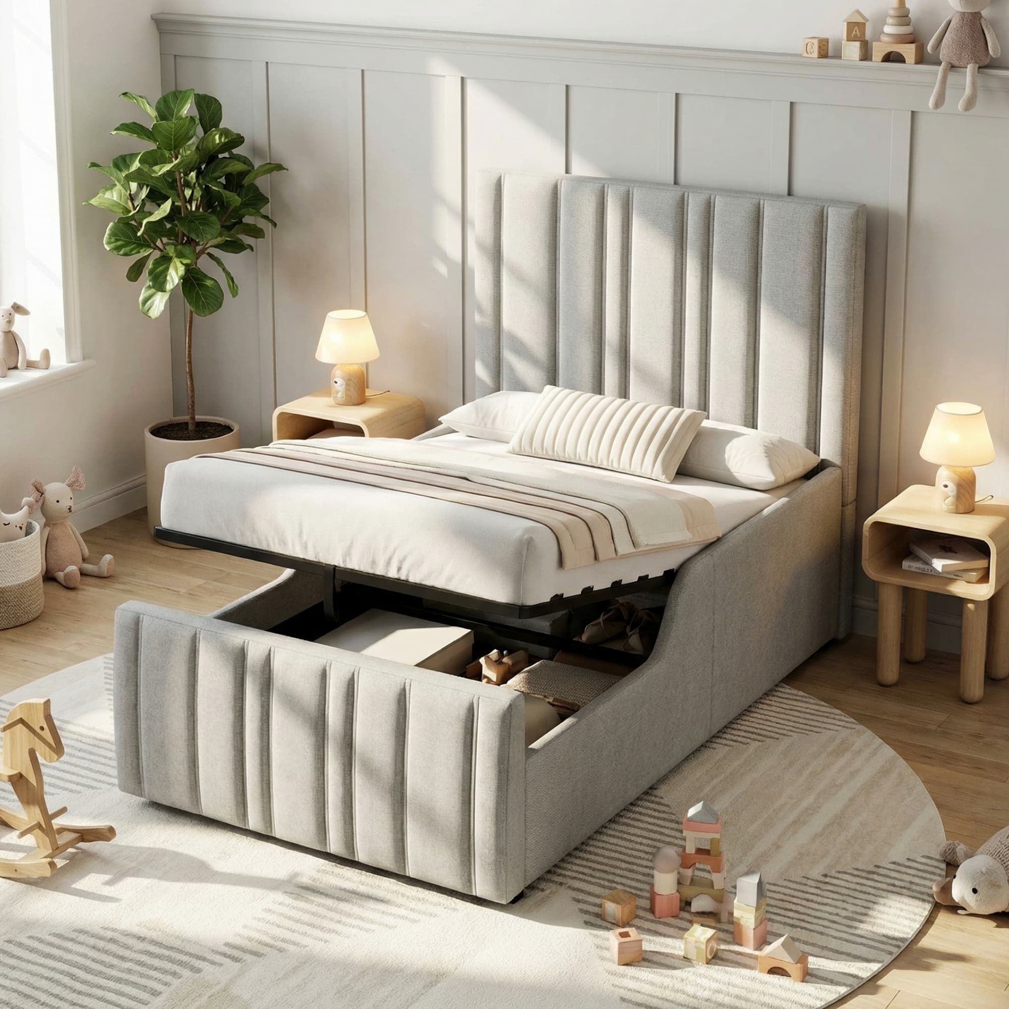Grey Linen Single Ottoman Bed with Hidden Storage
