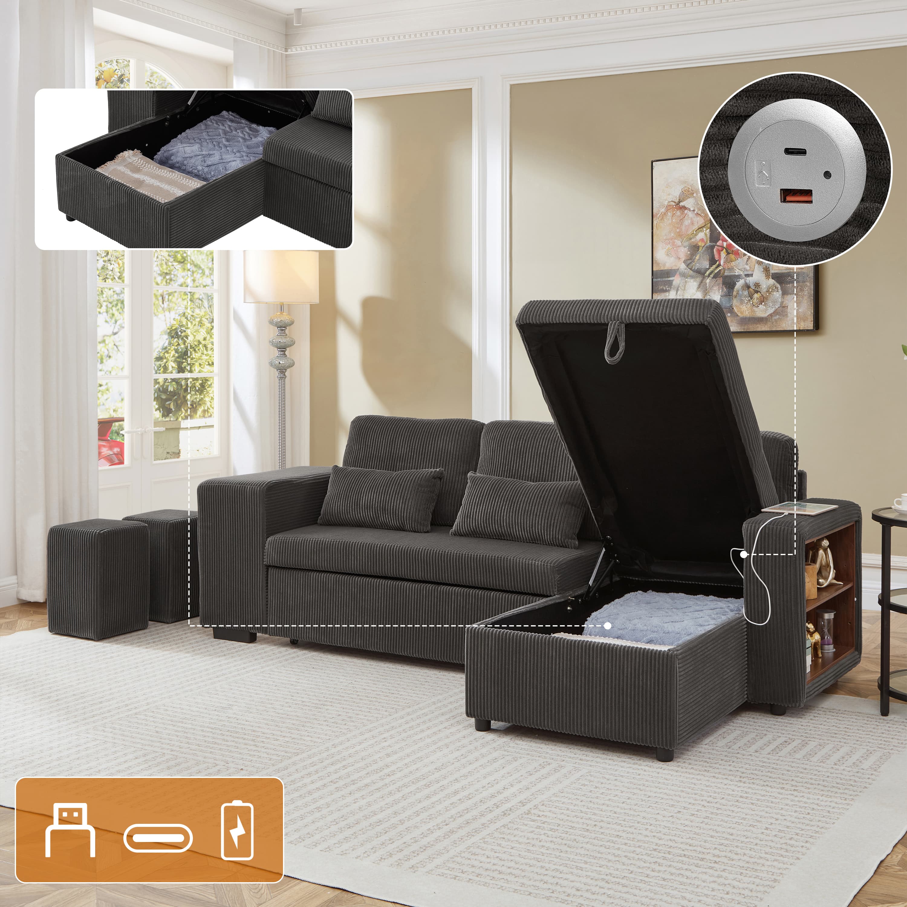 Modern Convertible L-Shaped Sofa Bed with Storage Chaise