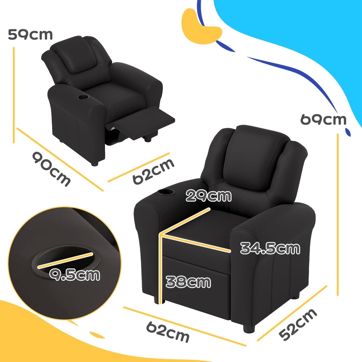 Children's Reclining Armchair in Black Faux Leather With Cup Holder - image 4