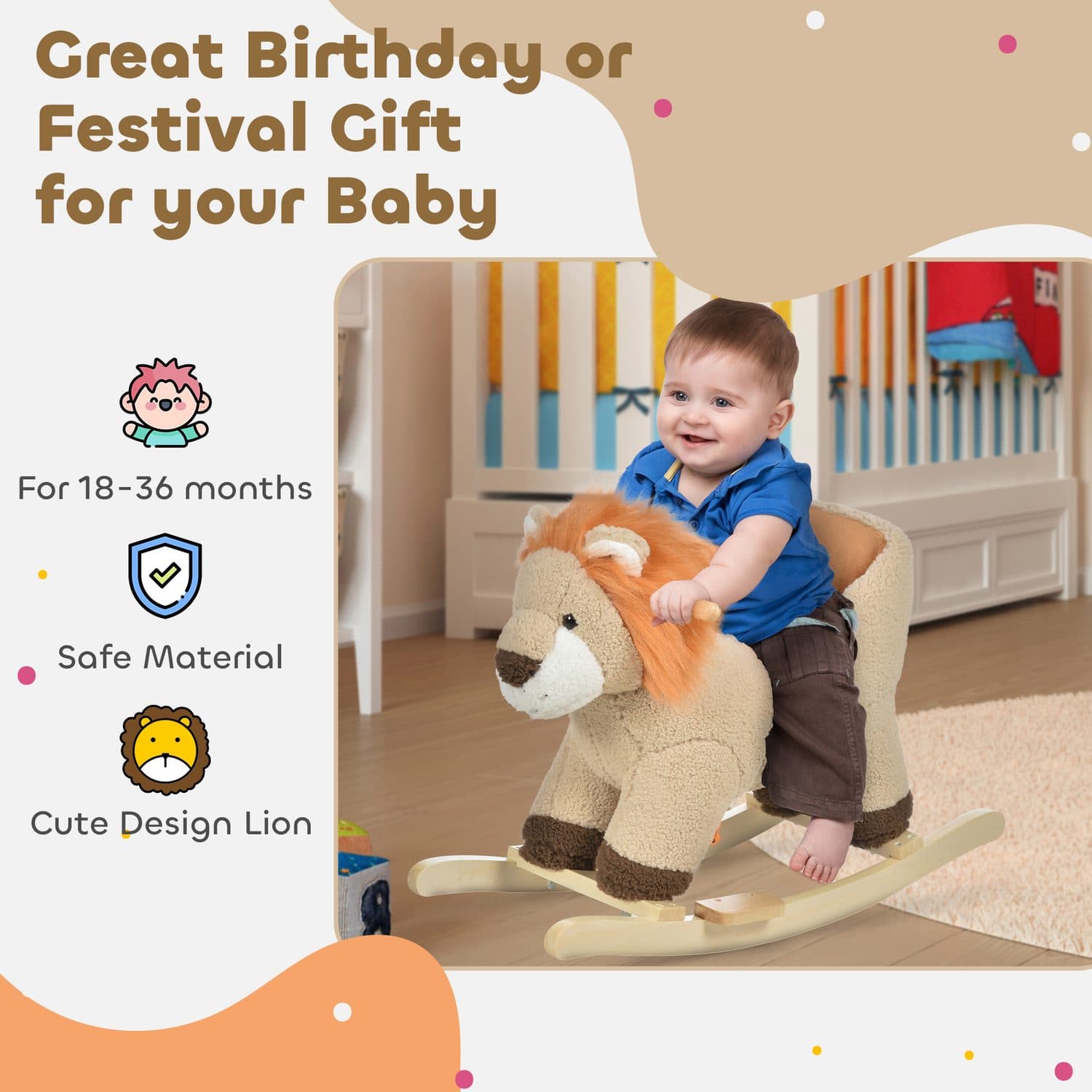 Cream Plush Lion Rocking Toy with Roar Sound for Children - image 3