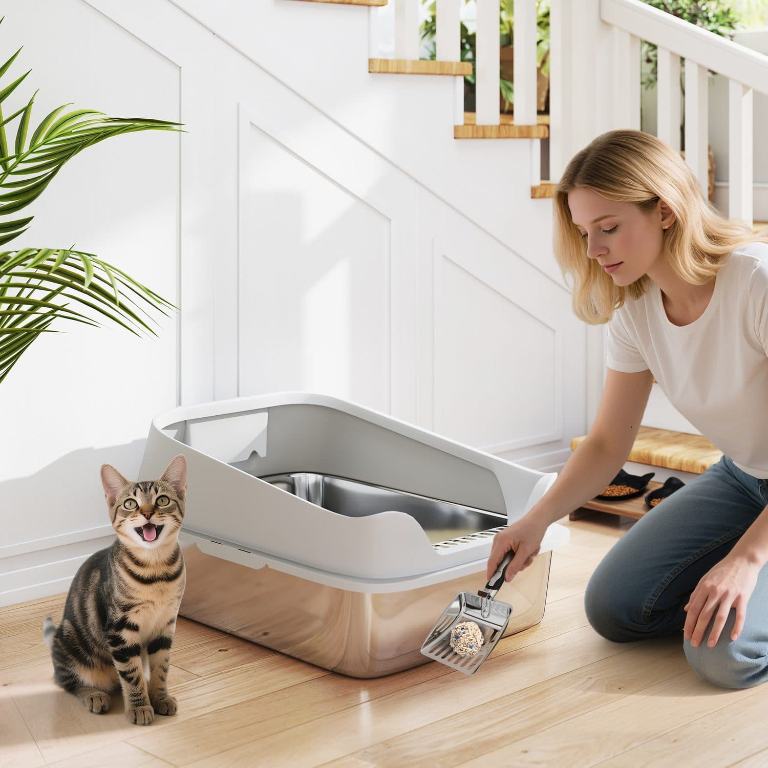 XL Open Cat Litter Box With High Sides and Metal Scoop - image 3