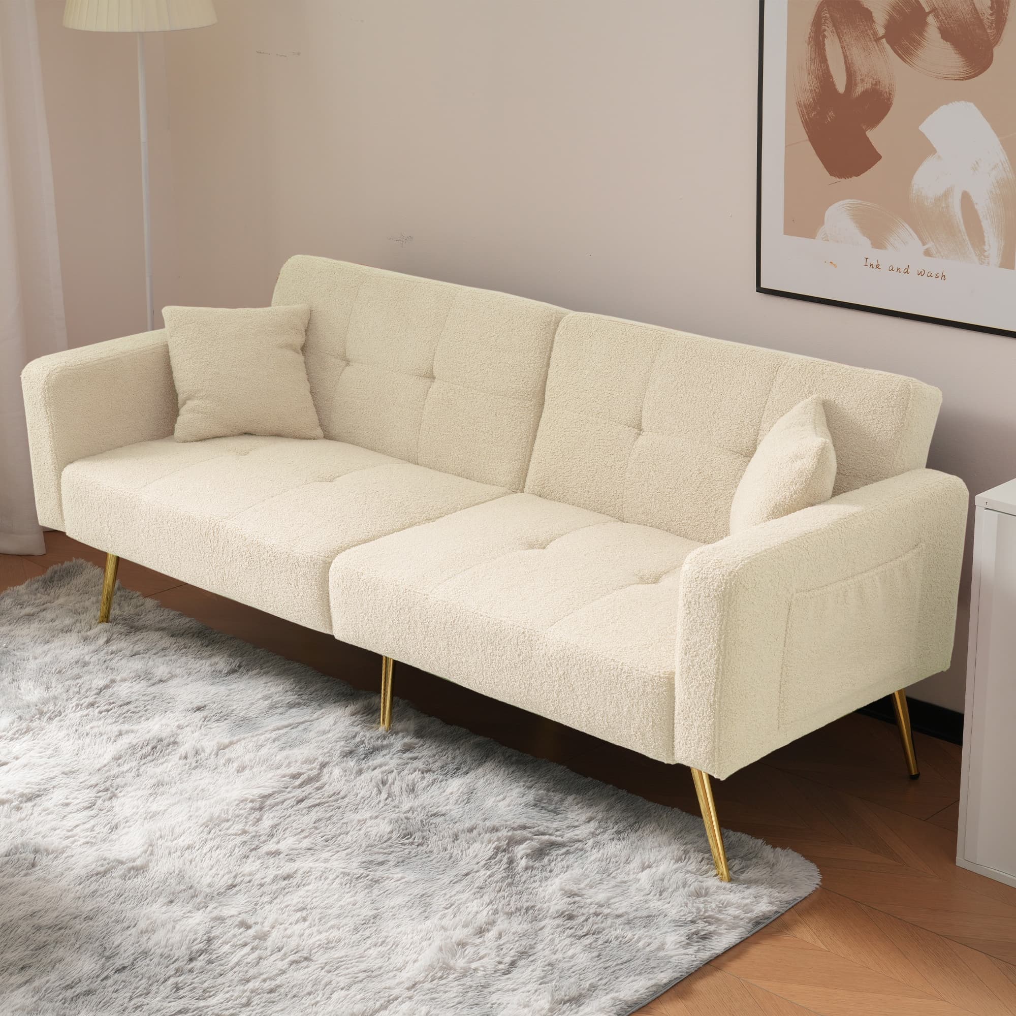 Stylish Sherpa Sofa Bed with Adjustable Back & Gold Legs