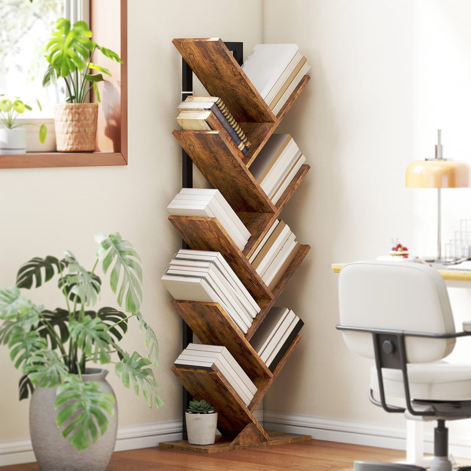 Tree-Style Bookcase — 8 Shelves, Rustic Wood-Effect - image 2