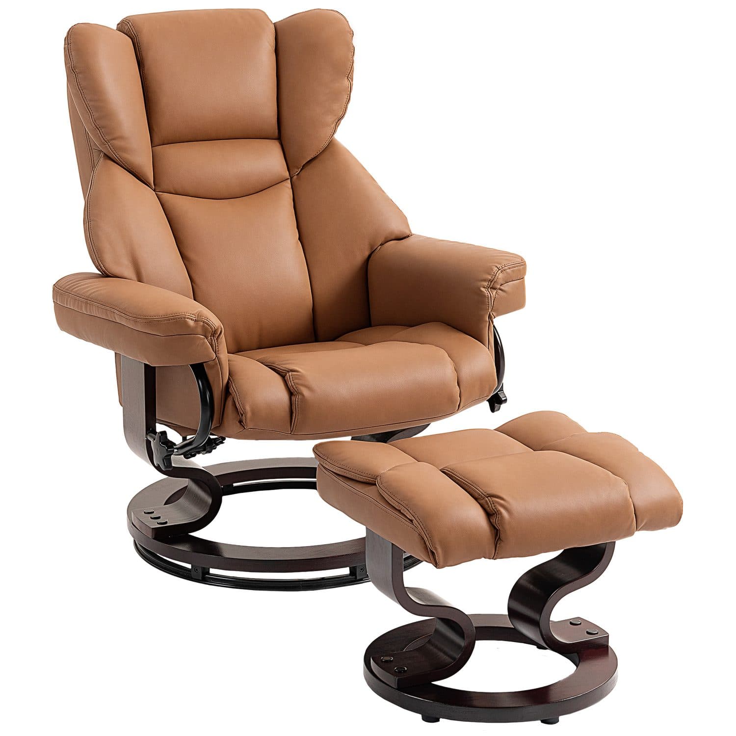 Reclining Armchair and Footstool in Tan Faux Leather - Brown