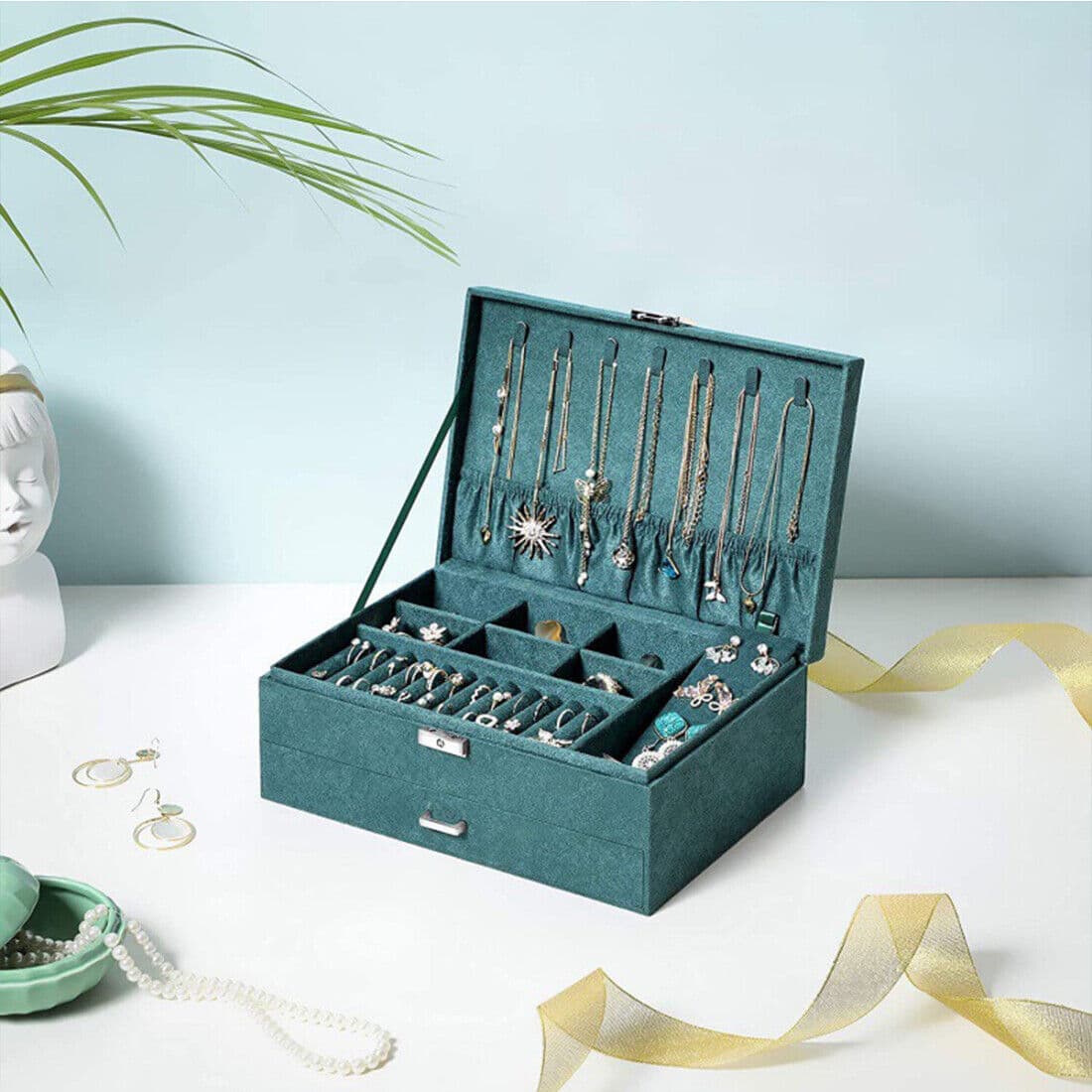 Large Green Velvet Jewellery Box With Necklace Hooks - image 4