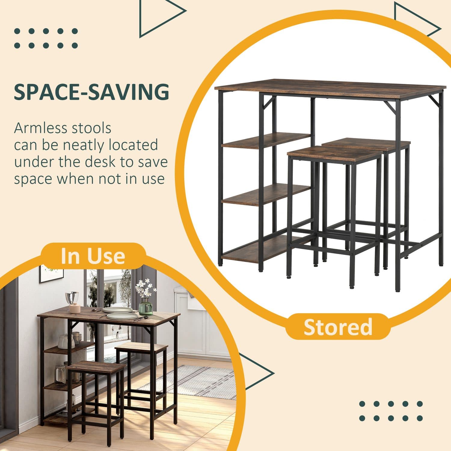 Space-Saving Industrial Bar Table Set with Two Stools - image 2