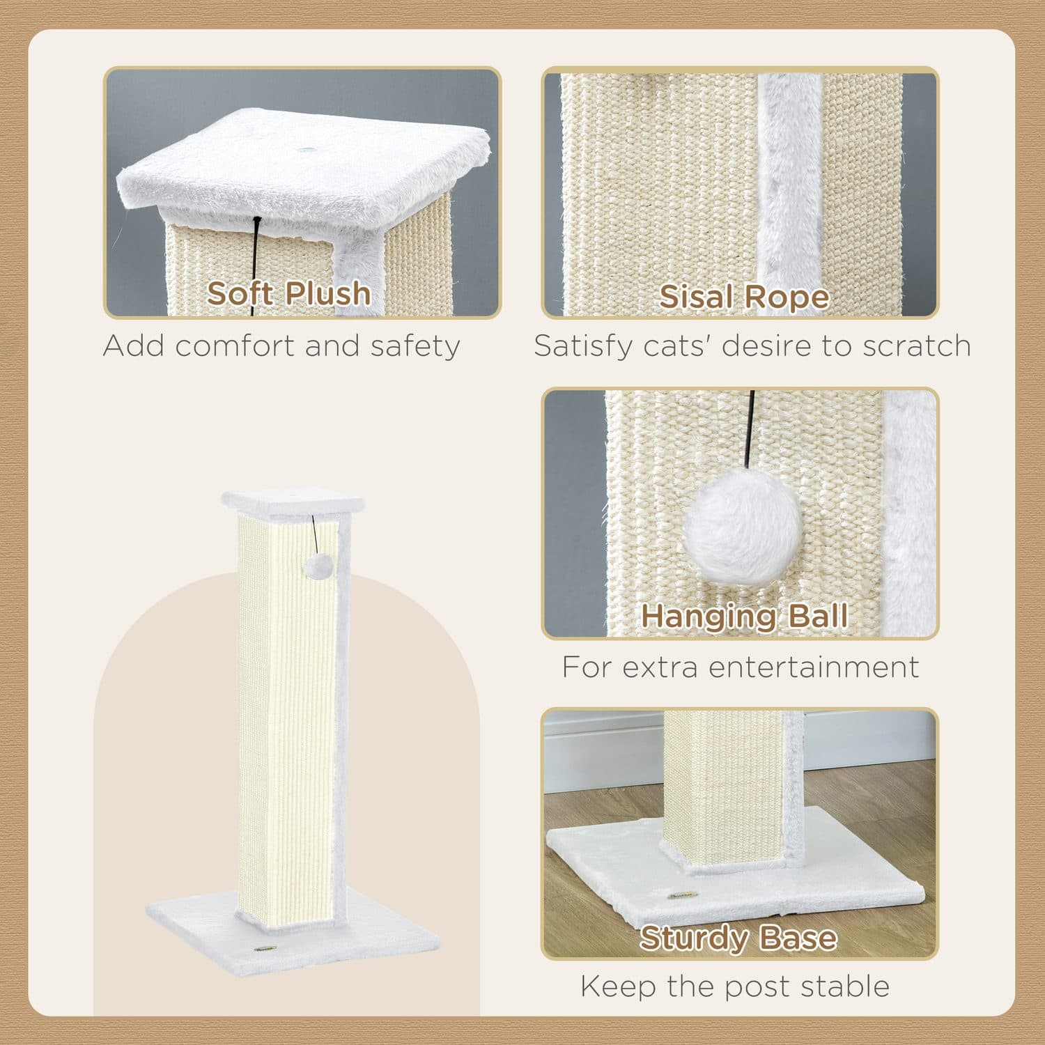 81cm Vertical Cat Scratching Post with Sisal Rope & Toy Ball - image 4