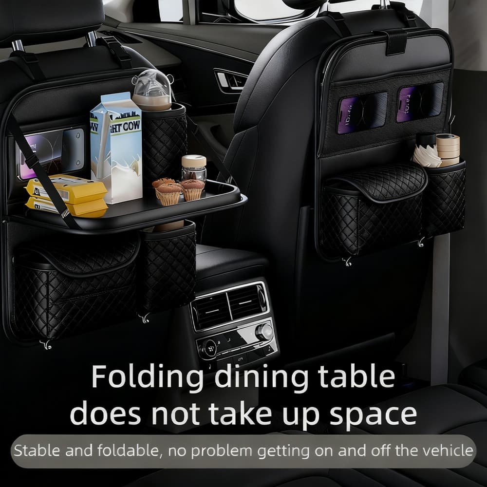 Black leather car back seat organiser with folding tray - image 7