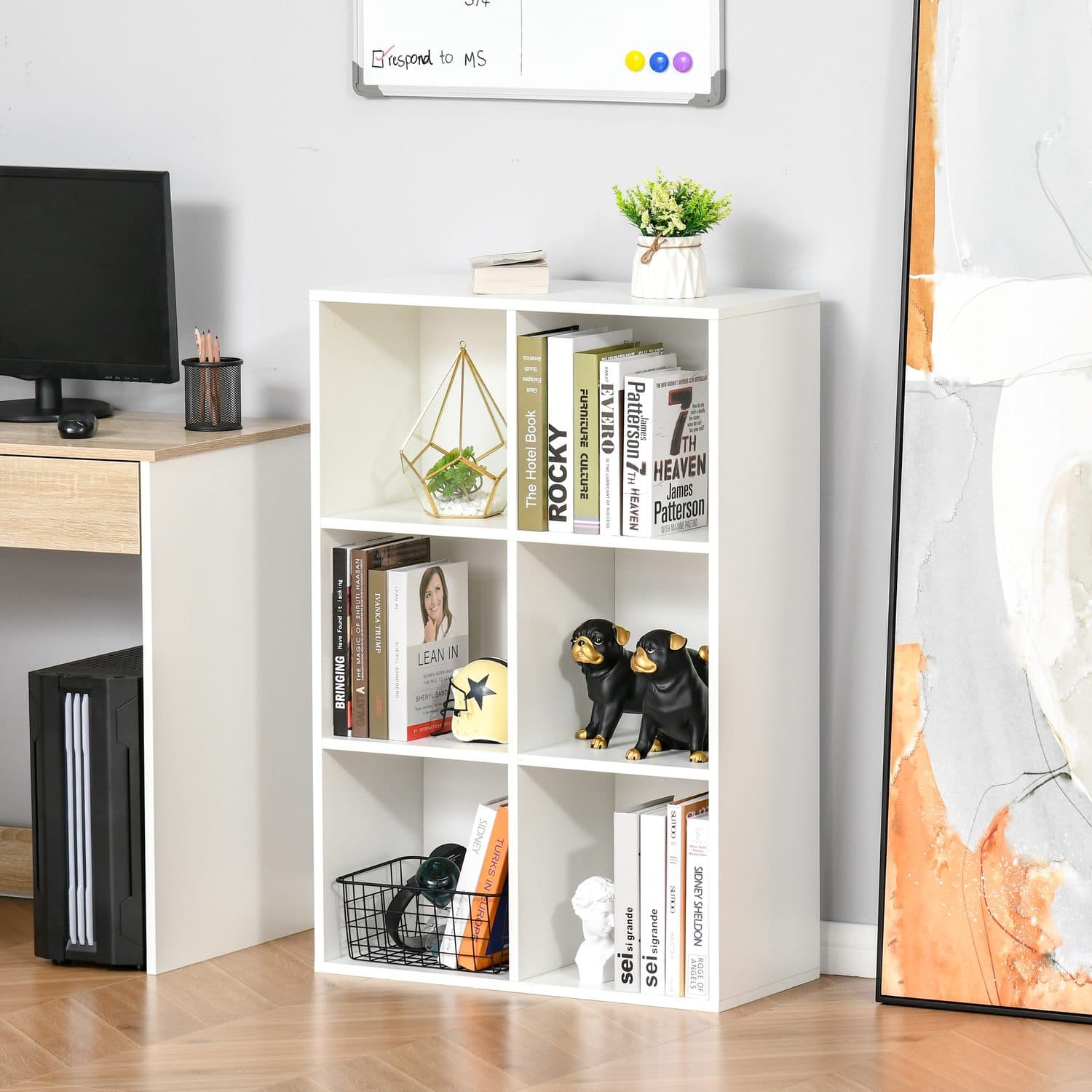 White Six-Cube Bookcase with Open Storage Compartments - image 4