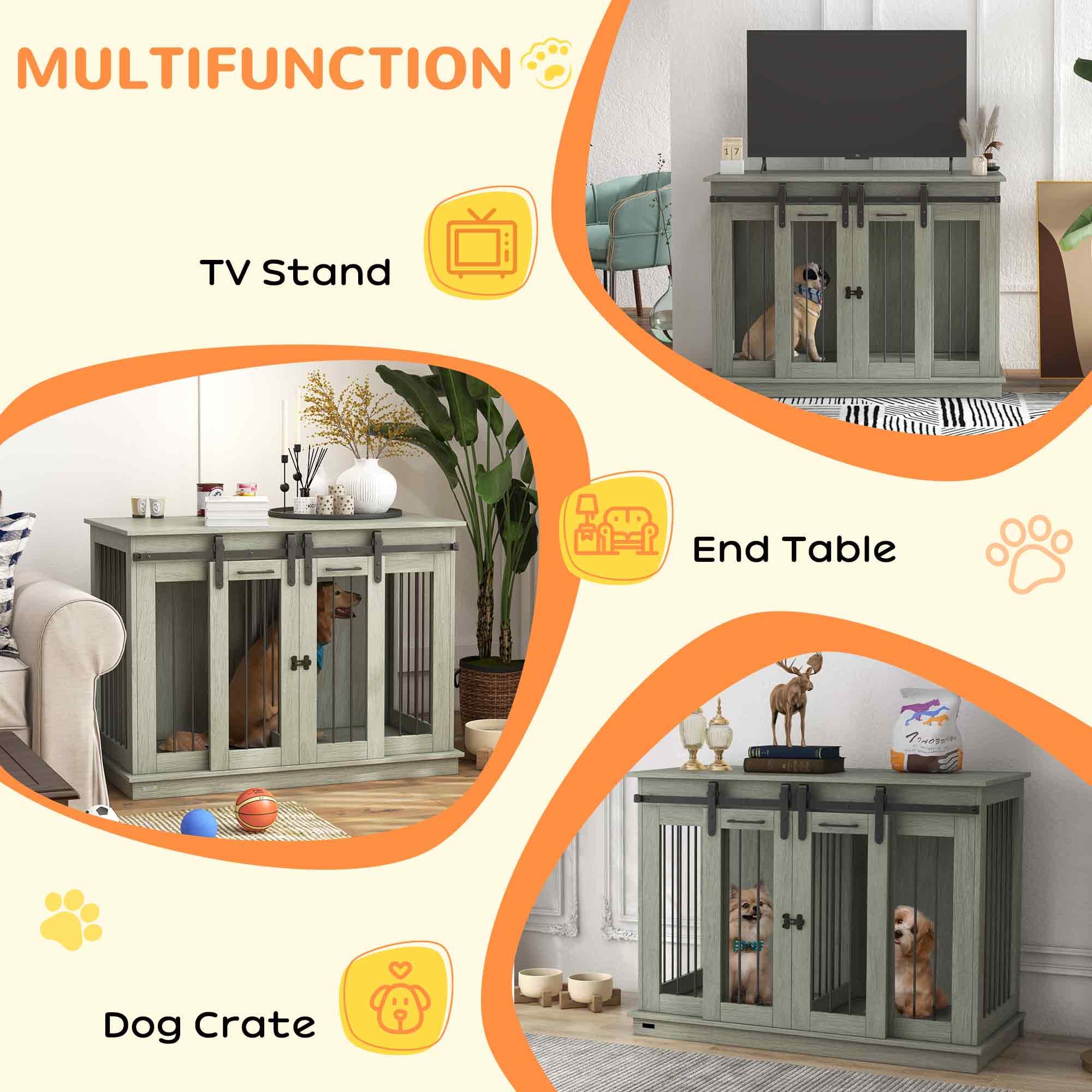 Double Dog Crate Furniture in Farmhouse Barn-Door Style, Grey - image 4