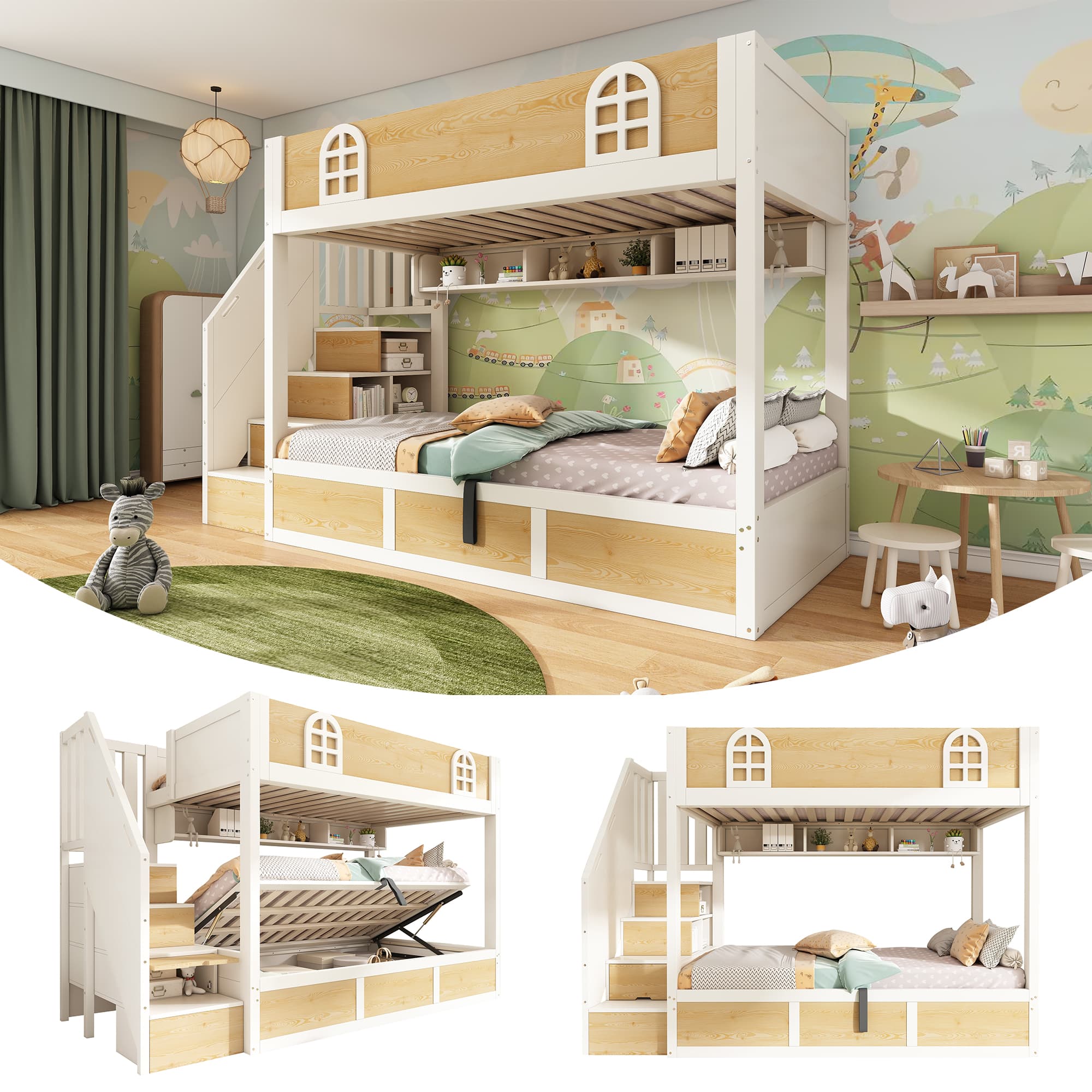 Kids Bunk Bed with Smart Storage Staircase and Hydraulic Lift