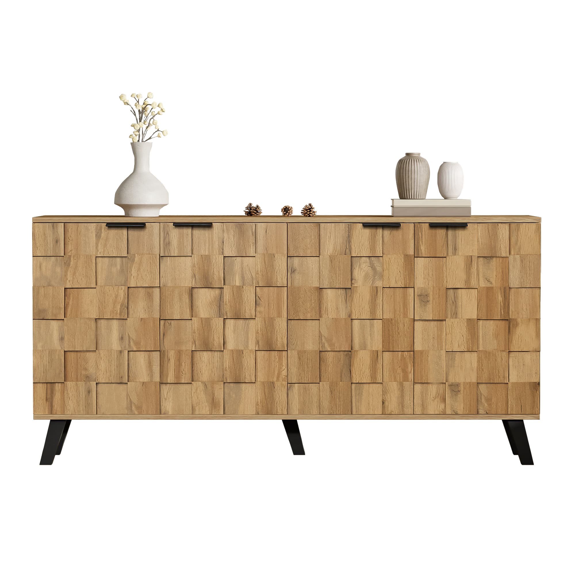 150 cm Sideboard with Textured 4-Door Front and Oak Finish - Wood