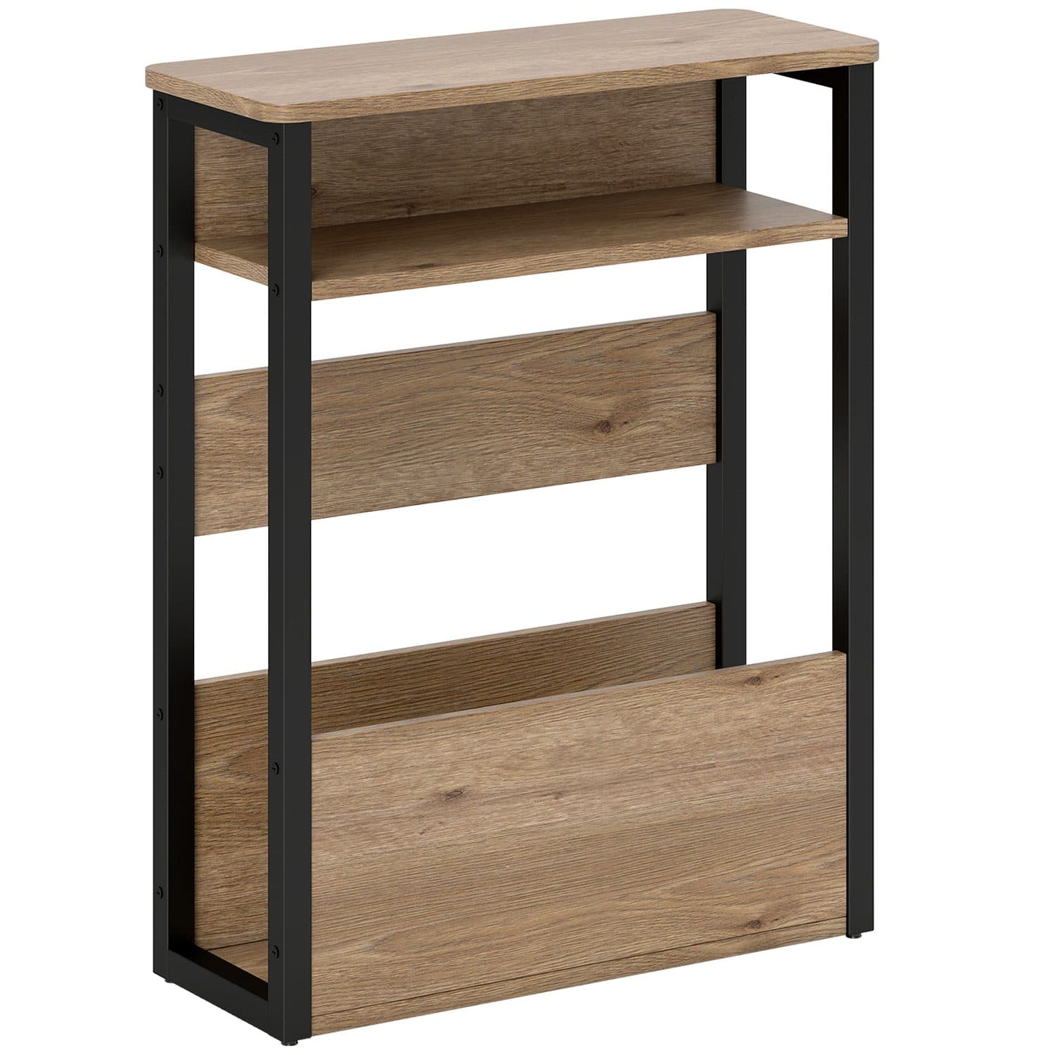 Industrial Side Table with Three Open Shelves, Black & Oak - Walnut brown