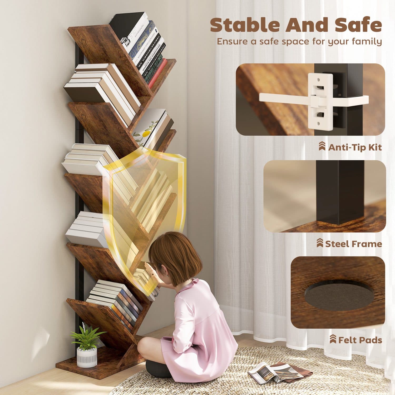 Tree-Style Bookcase — 8 Shelves, Rustic Wood-Effect - image 3
