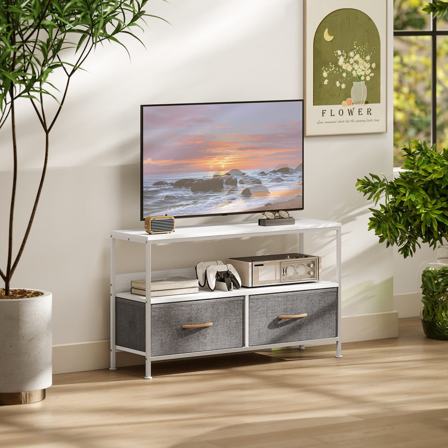 Compact TV Stand with Grey Fabric Drawers and Open Shelf - image 5