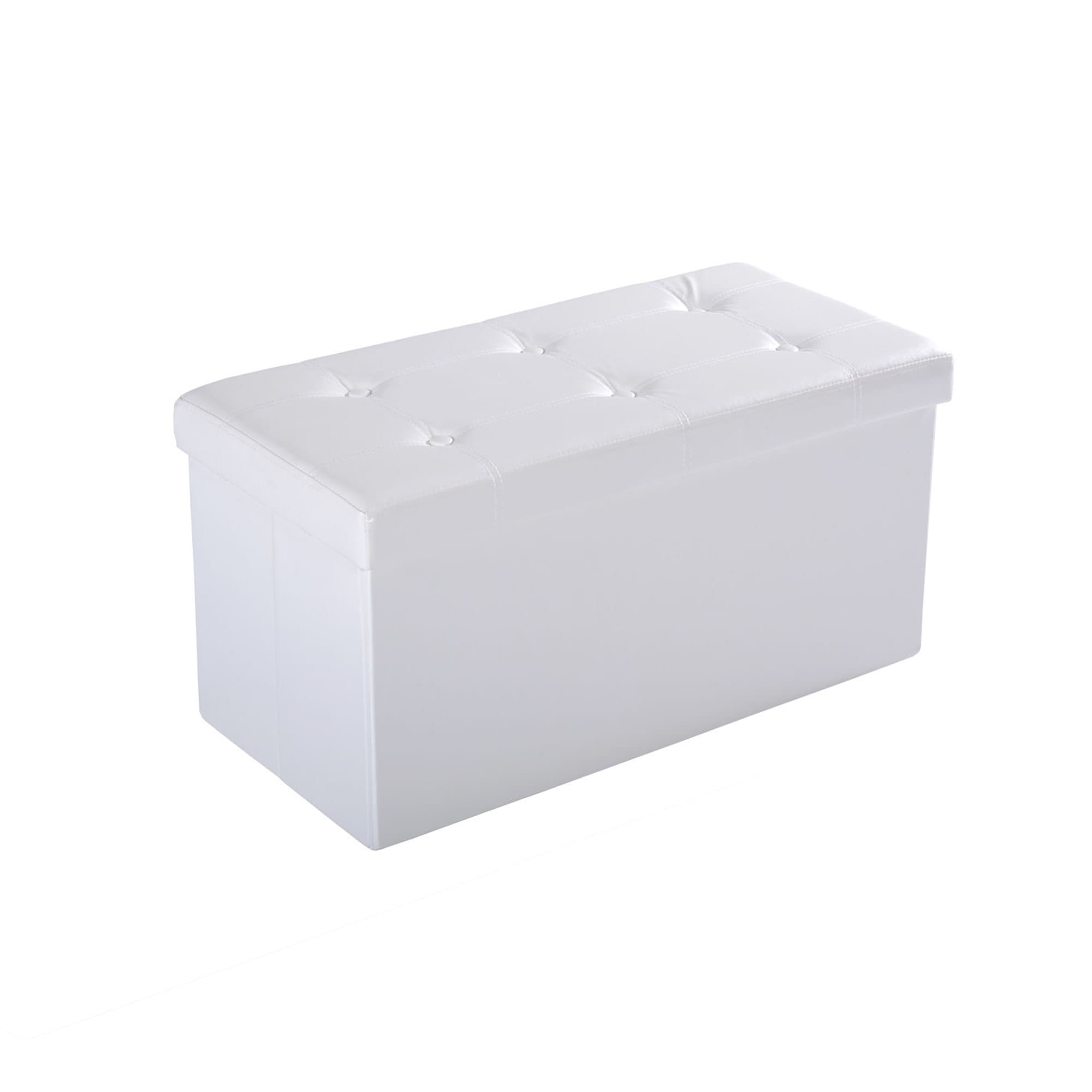 Foldable Storage Ottoman with Tufted White Faux Leather Top - Cream White