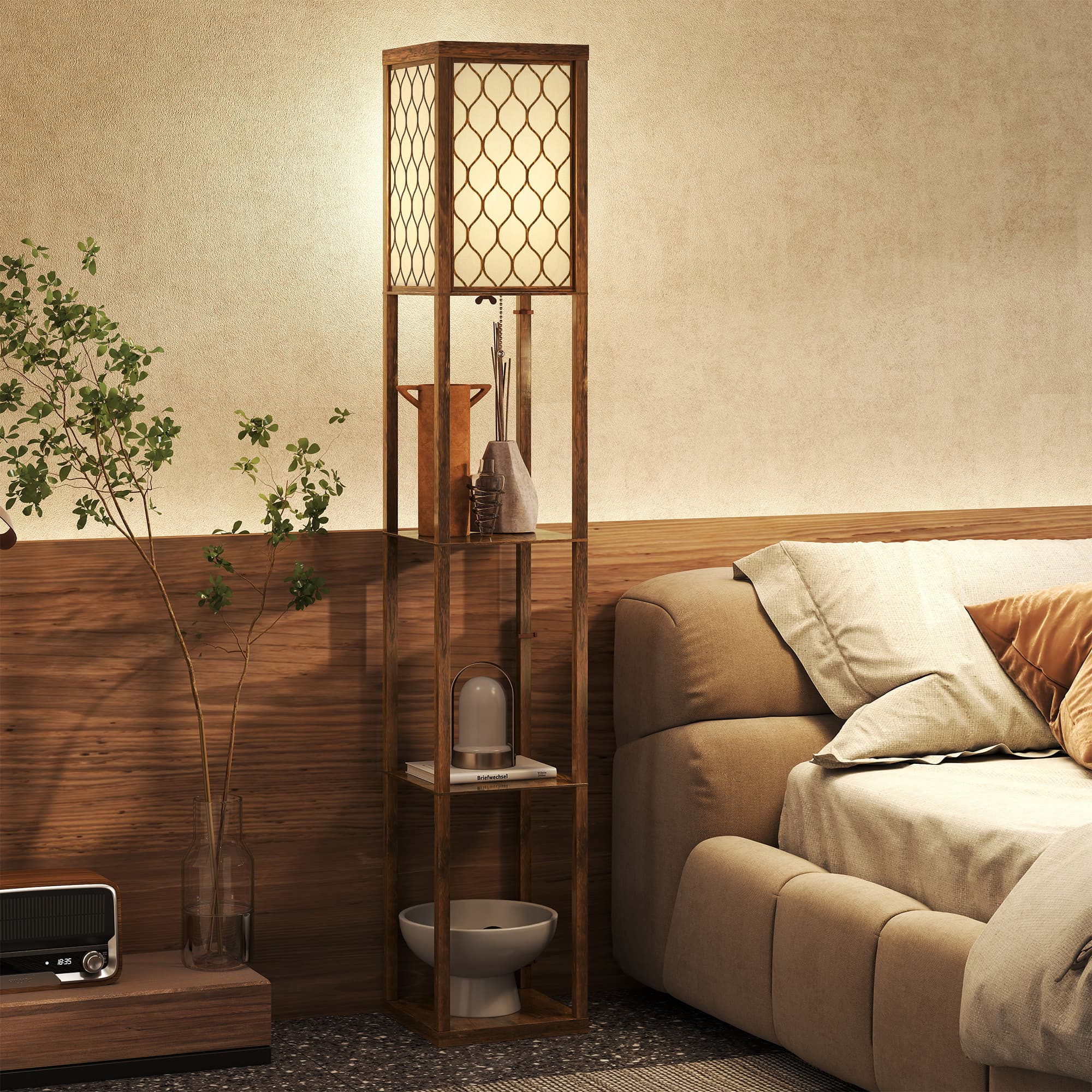 A Floor Lamp with Shelves — Rustic Brown Wood Frame - image 4