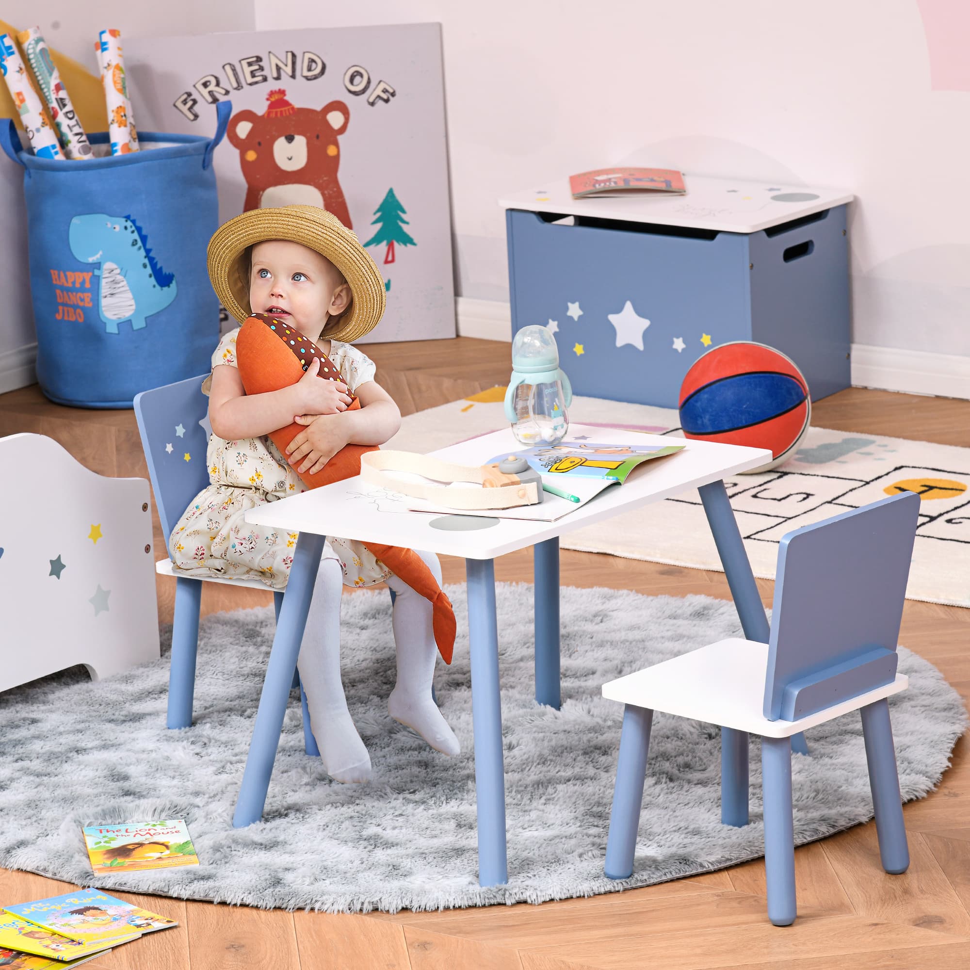 Blue and White Star-Print Kids Table and 2 Chairs Set - image 1