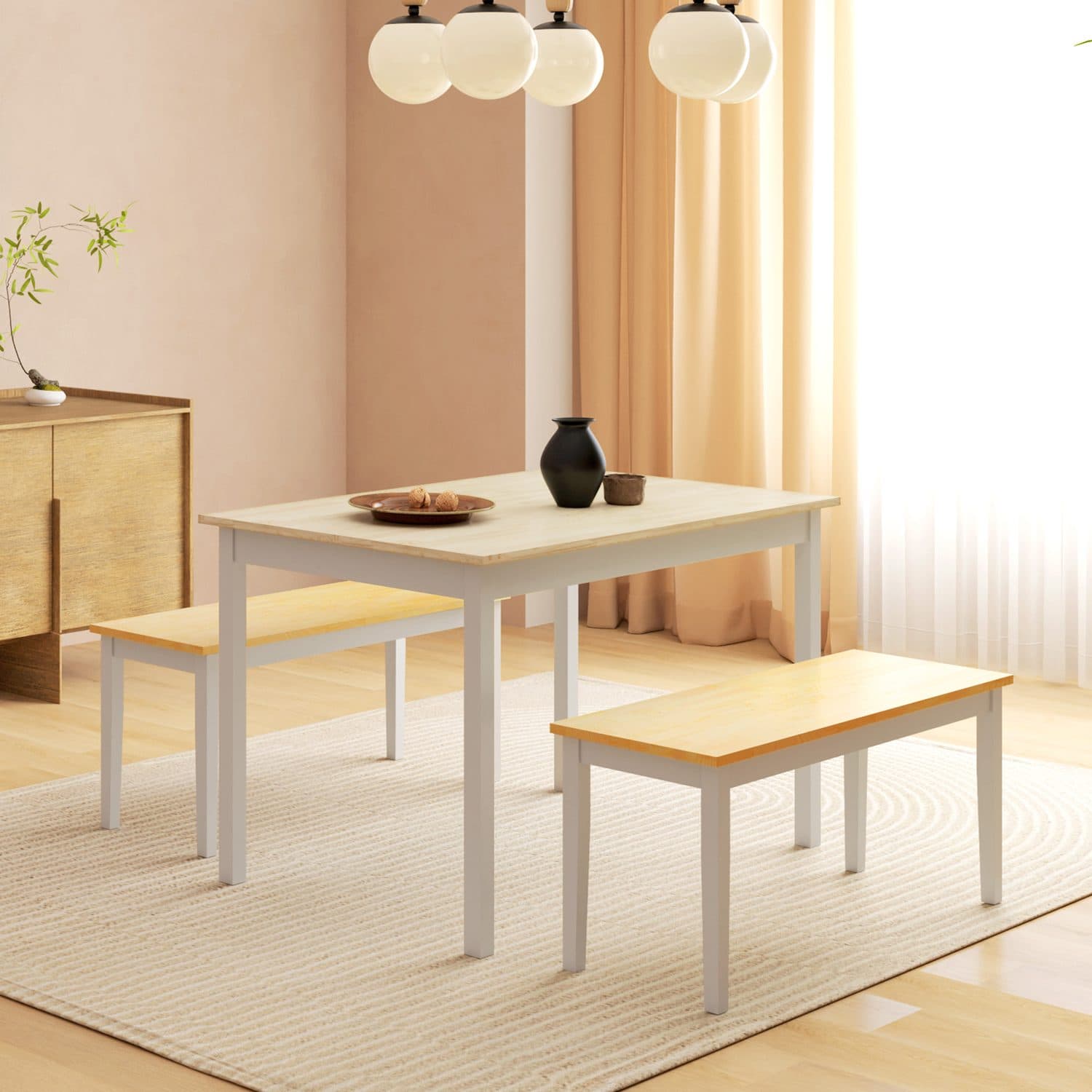Pine Dining Table and Bench Set in Natural and White - image 2