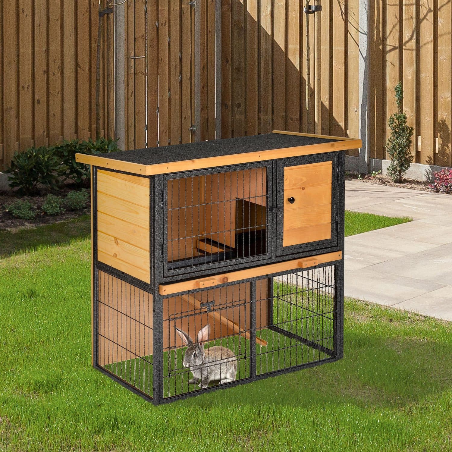 PawHut Two-Tier Elevated Hutch with Ramp and Openable Roof - image 4