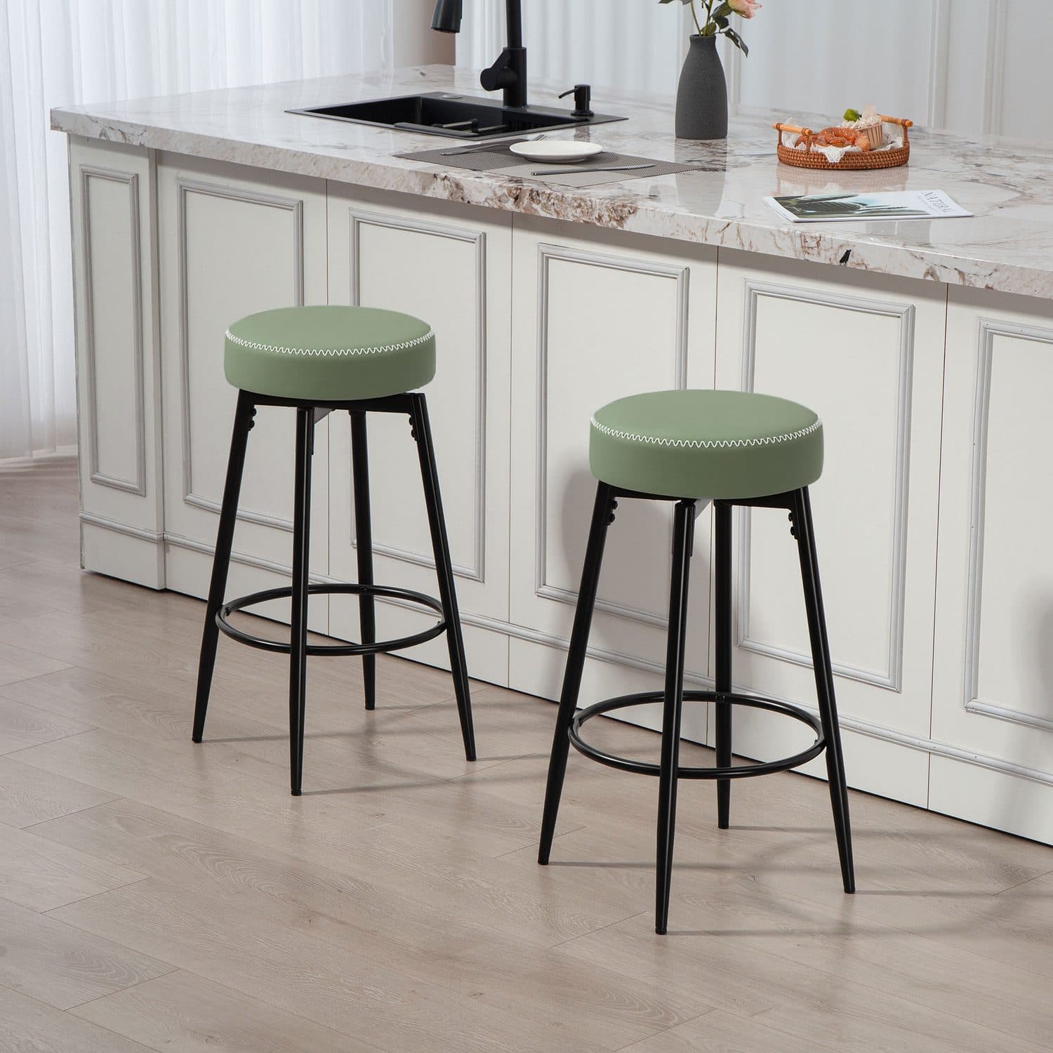 Sage Green Backless Bar Stools — Set of Two - image 1