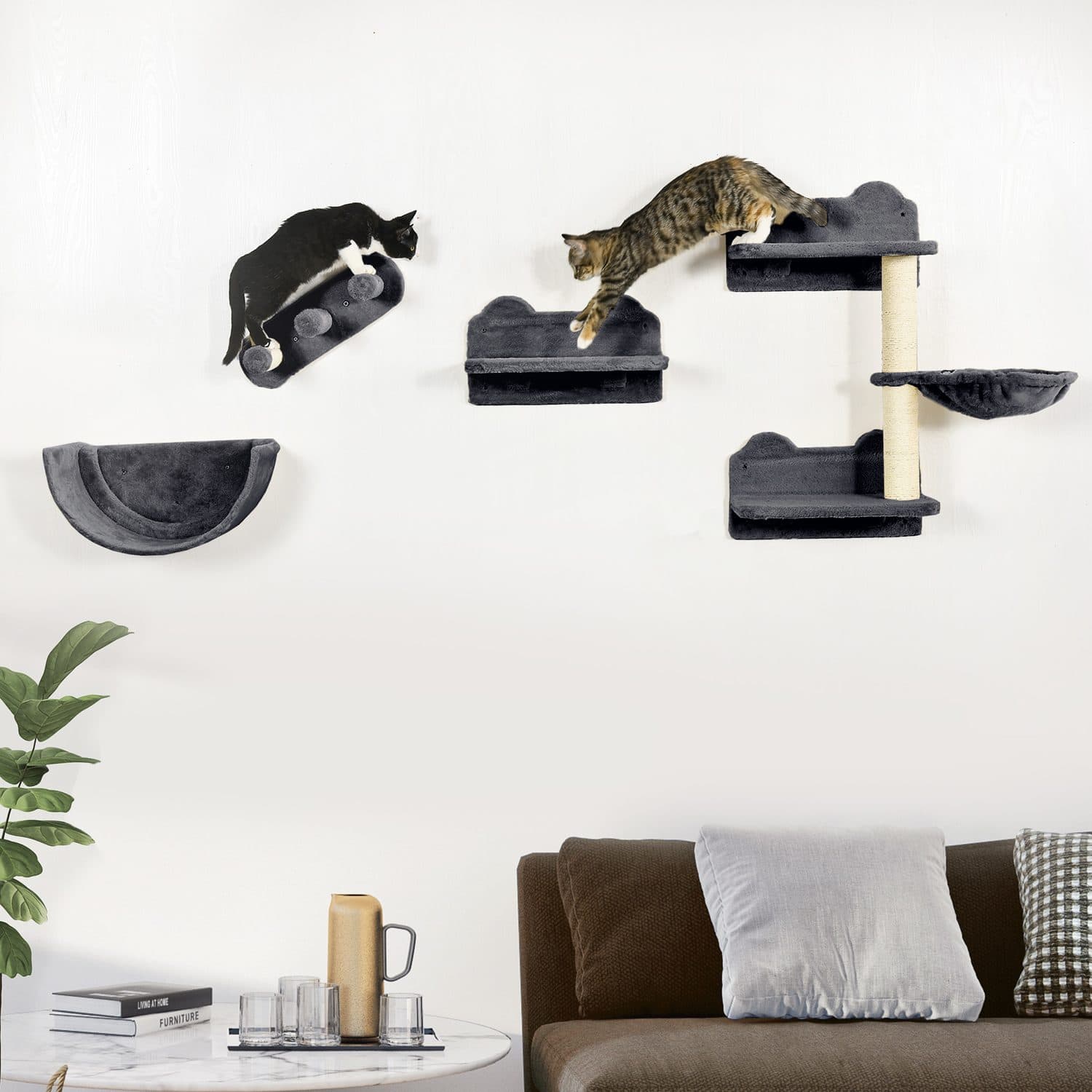 PawHut 4-Piece Wall-Mounted Cat Shelves, Dark Grey - image 1