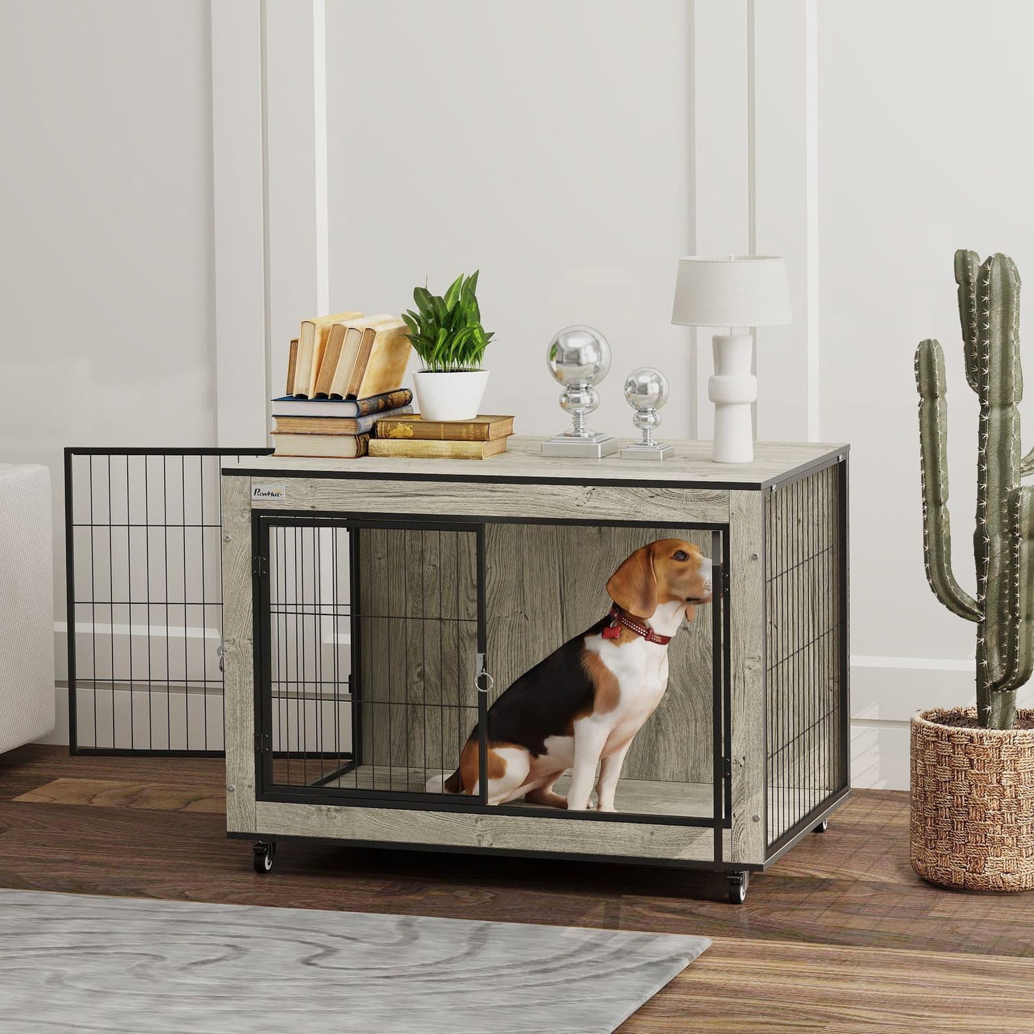 PawHut Rolling Dog Crate Furniture, Grey - image 4