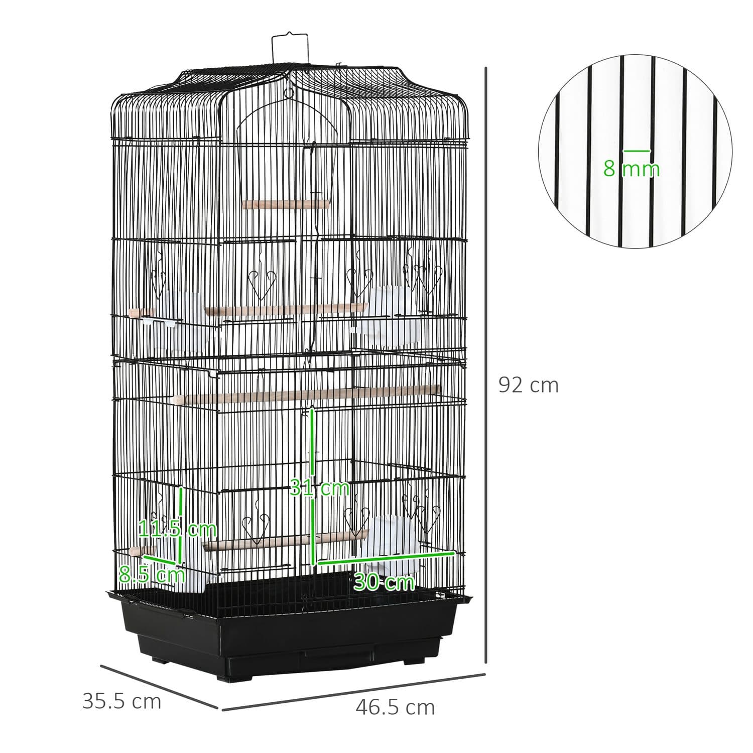 Tall Black Metal Bird Cage with Perches, Food Bowls and Swing - image 5