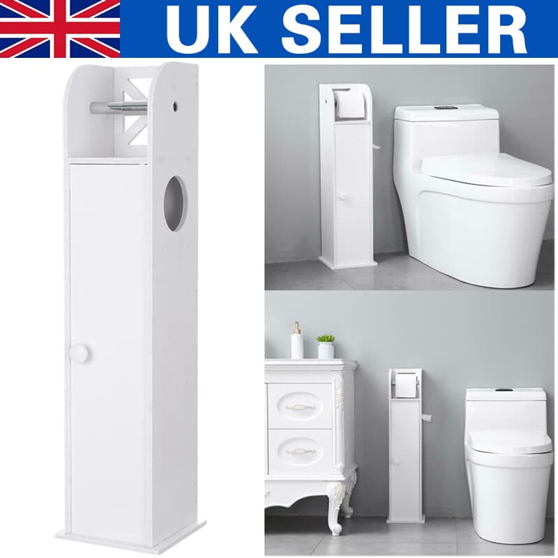 White Freestanding Bathroom Cabinet with Built-In Toilet Roll Holder - PVC