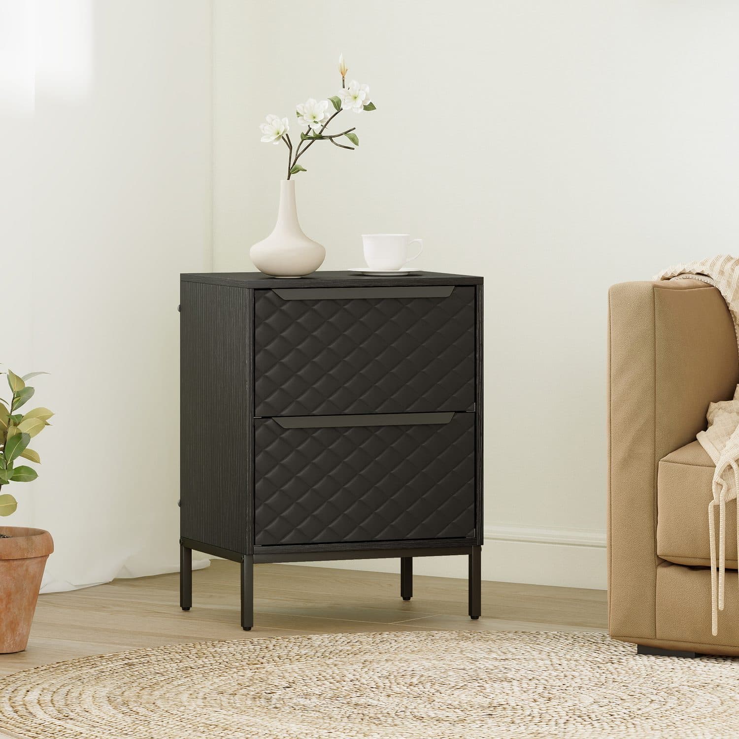 Compact 2-Drawer Chest in Black with Diamond-Pattern Fronts - image 2
