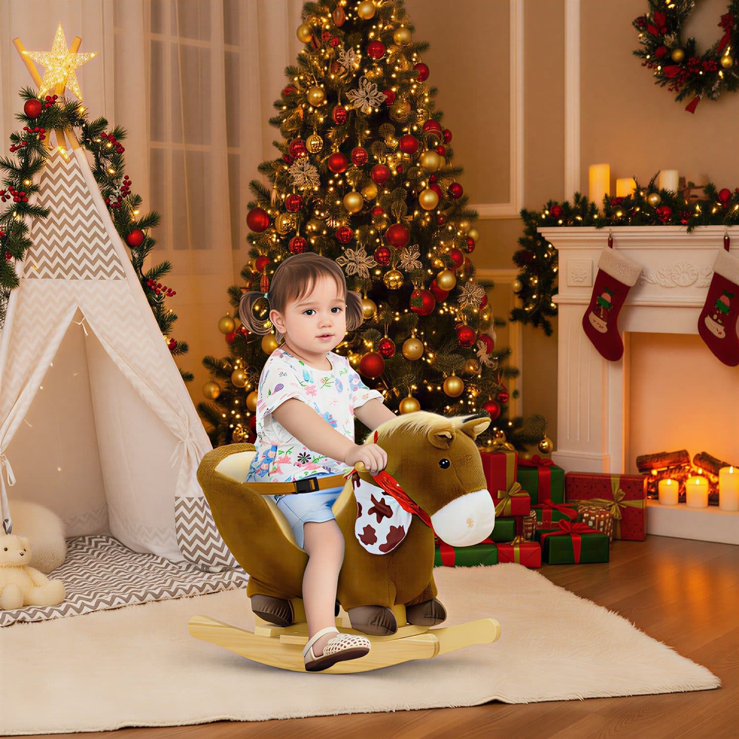 Brown Plush Rocking Horse with Harness, Foot Pedals and Sounds - image 5
