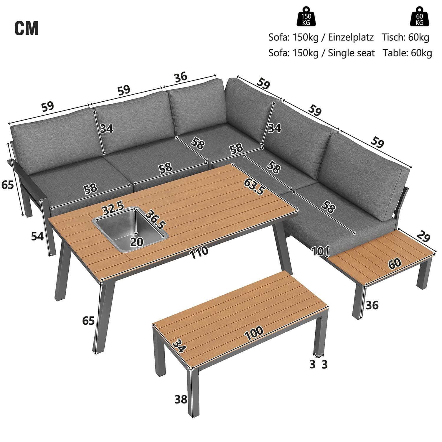 6–7 Person Garden Lounge Furniture Set with Integrated Ice Bucket - image 3
