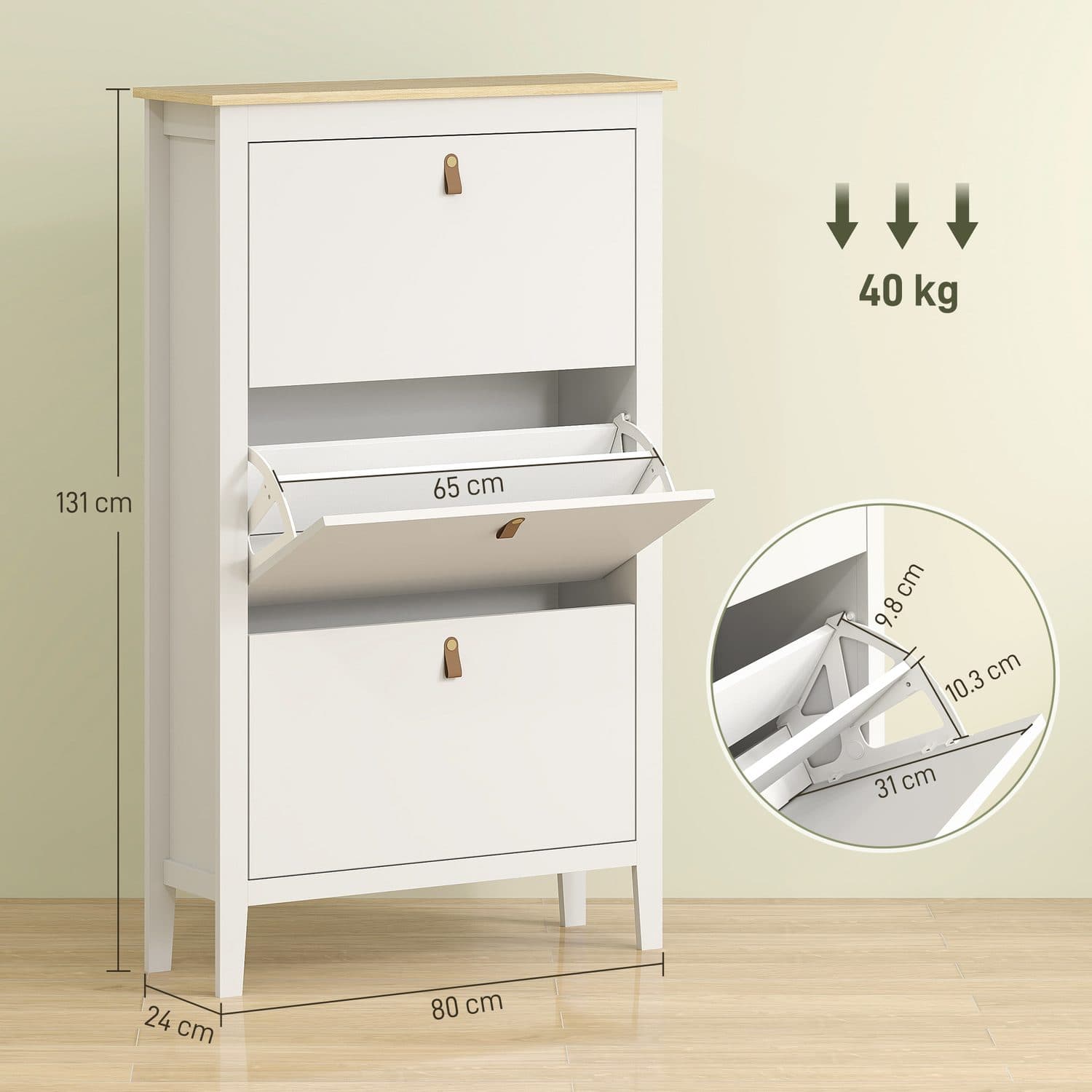 Three-Compartment Flip Shoe Cabinet with Oak-Effect Top, White - image 1