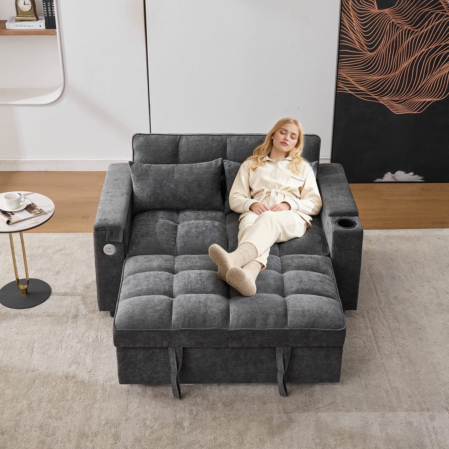 Grey Click Clack Sofa Bed with USB Charging and Hidden Table - image 4