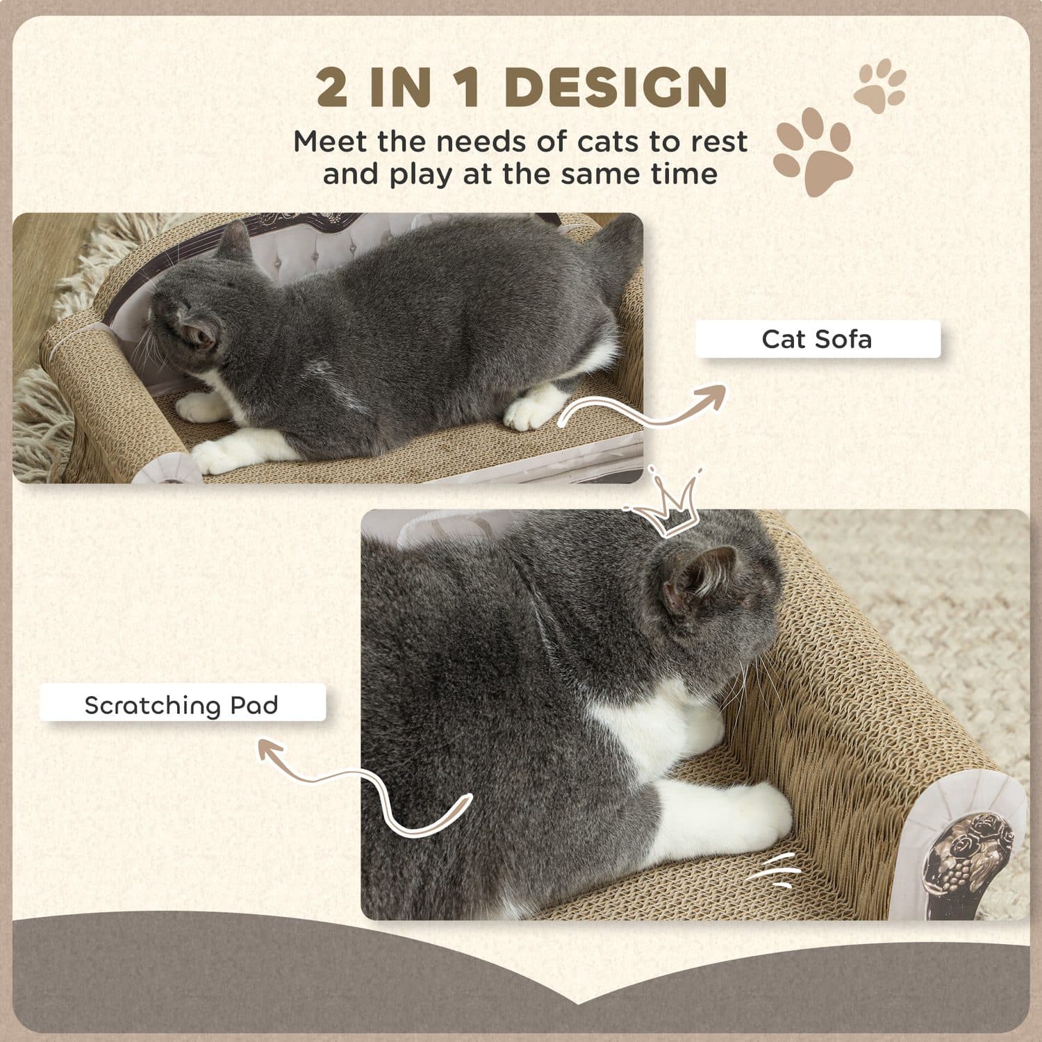 PawHut 2-in-1 Cat Scratcher Sofa Bed With Catnip - image 2
