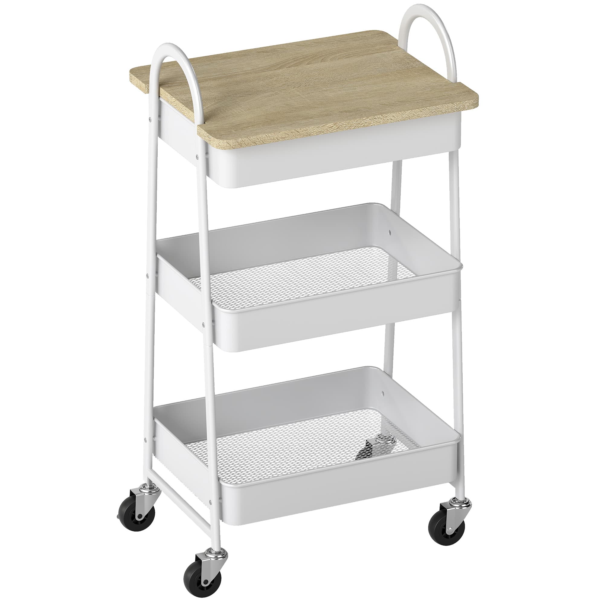 White Kitchen Trolley with Oak Top and Wire Mesh Baskets
