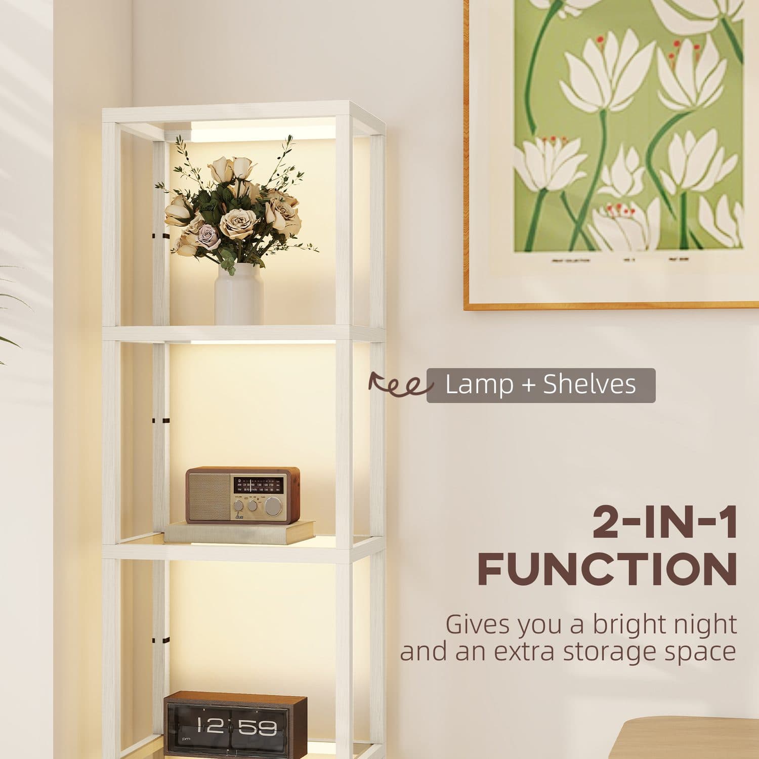 Bleached Oak 4-Shelf Floor Lamp with Dimmable Warm LED - image 2