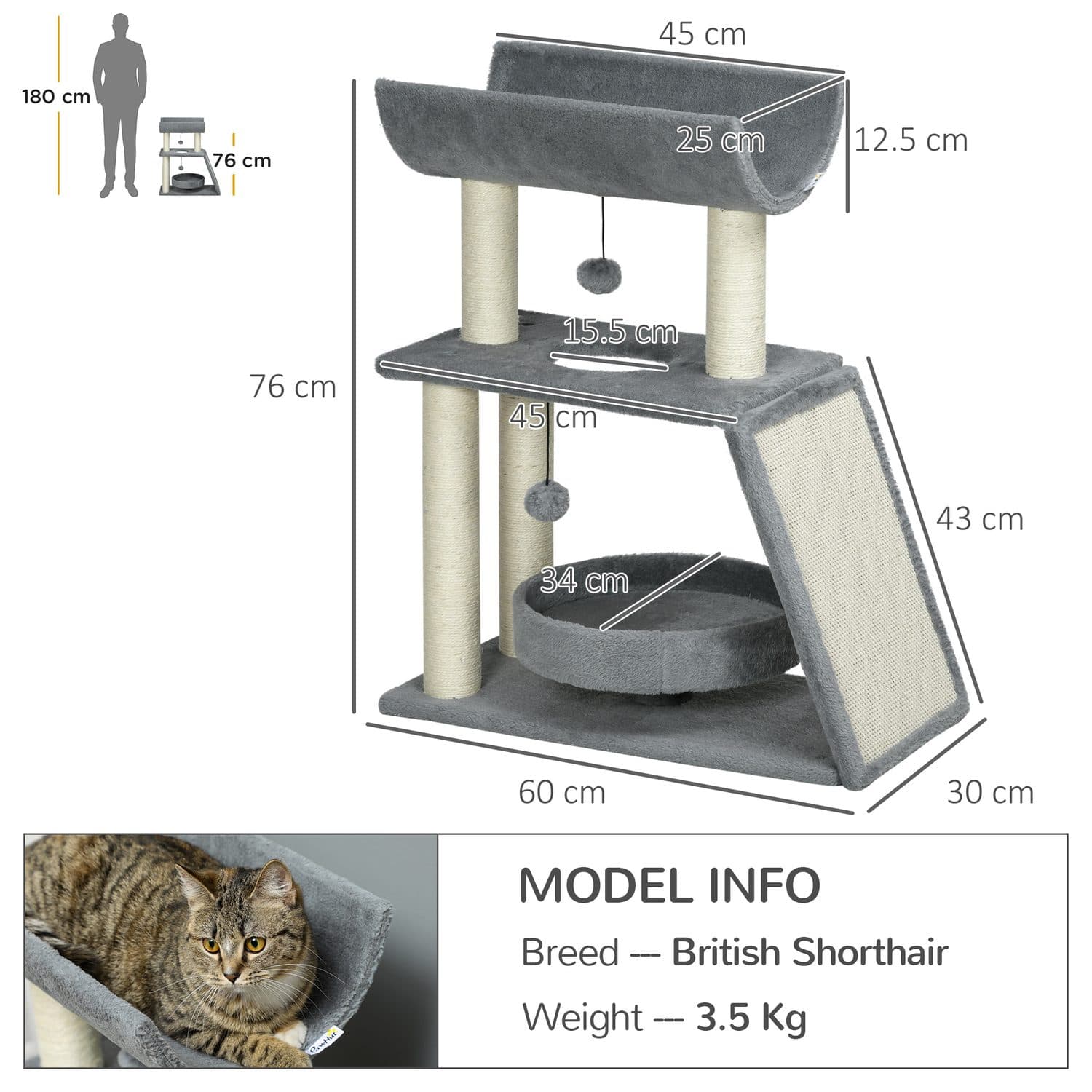 Light Grey Cat Tree with Sisal Scratching Posts, Top Perch and Round Bed - image 4