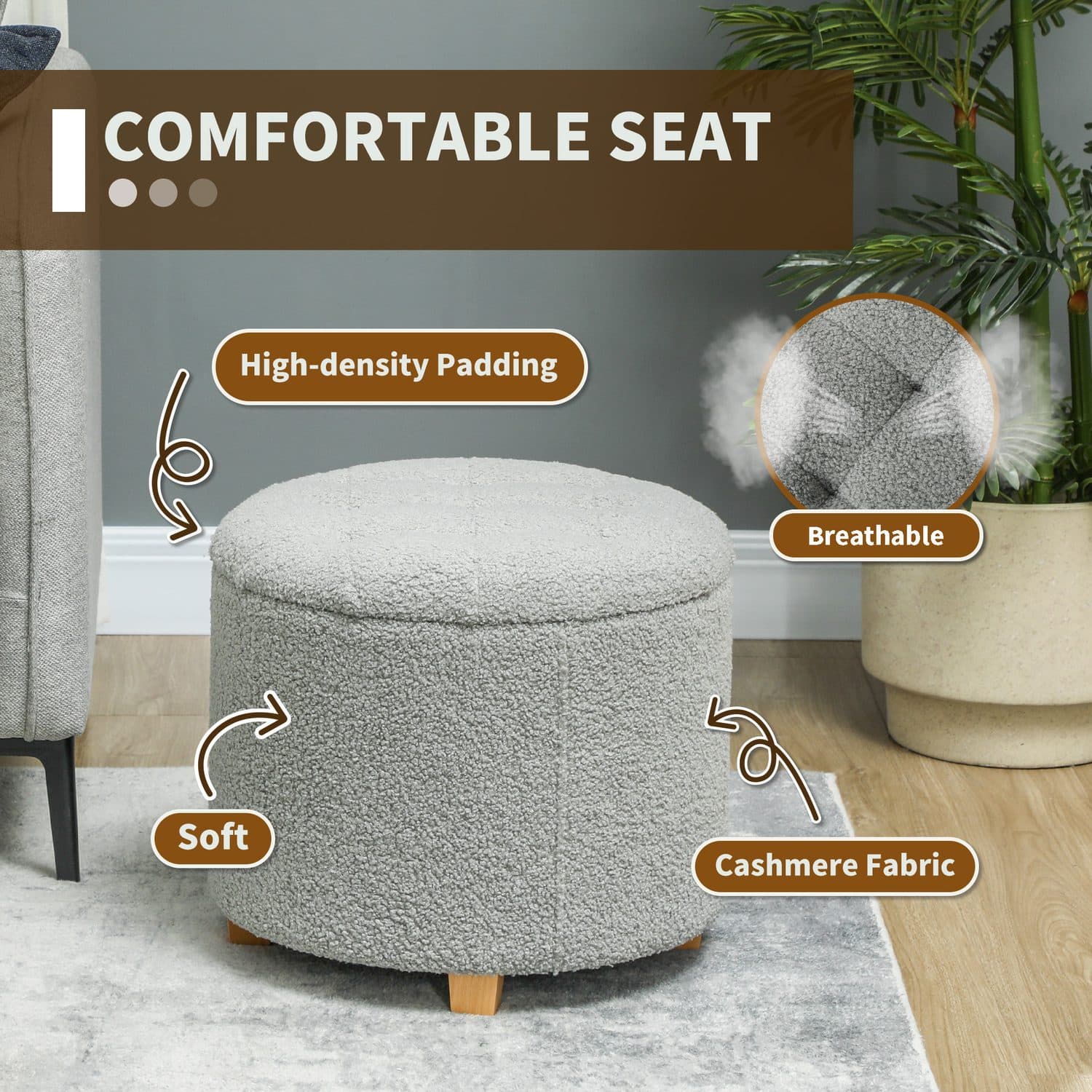 Teddy Fleece Storage Ottoman with Button-Tufted Lid, 40.5L Grey - image 3