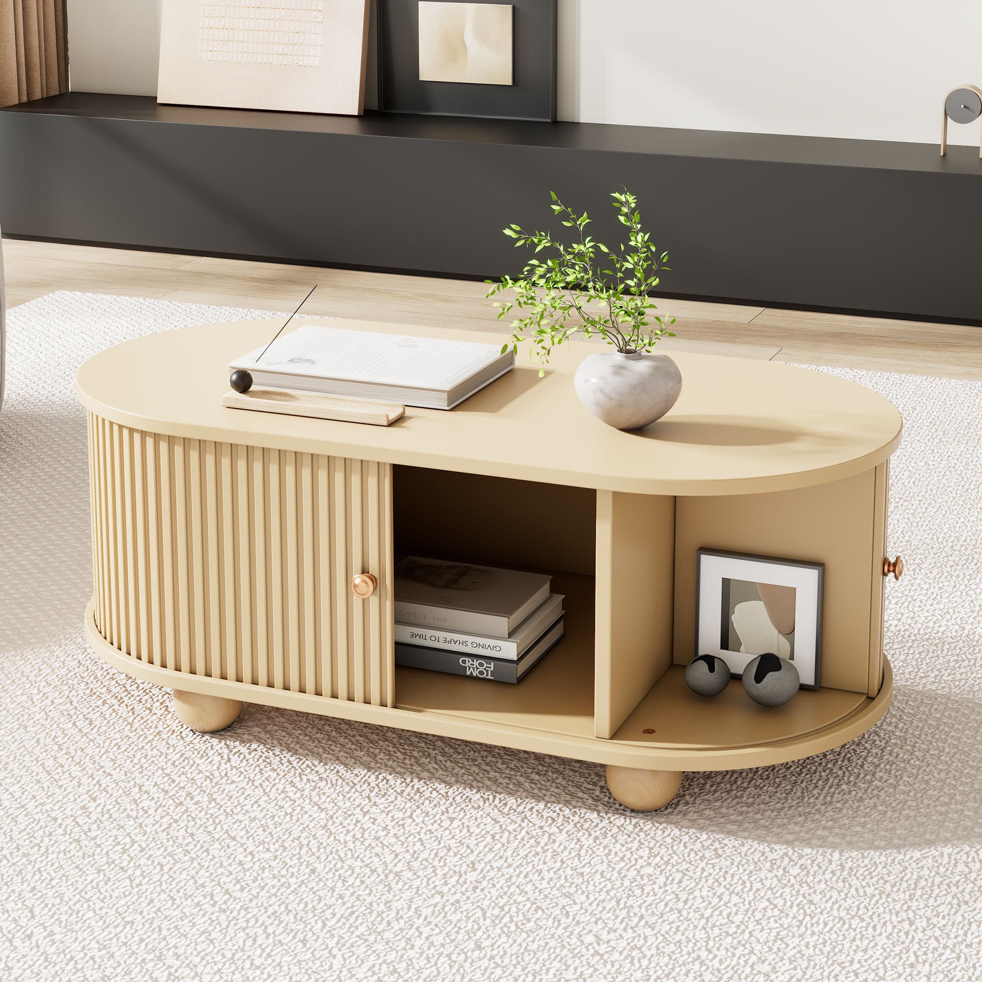 Smart Storage Coffee Table with an Elegant Oval Design - Wood