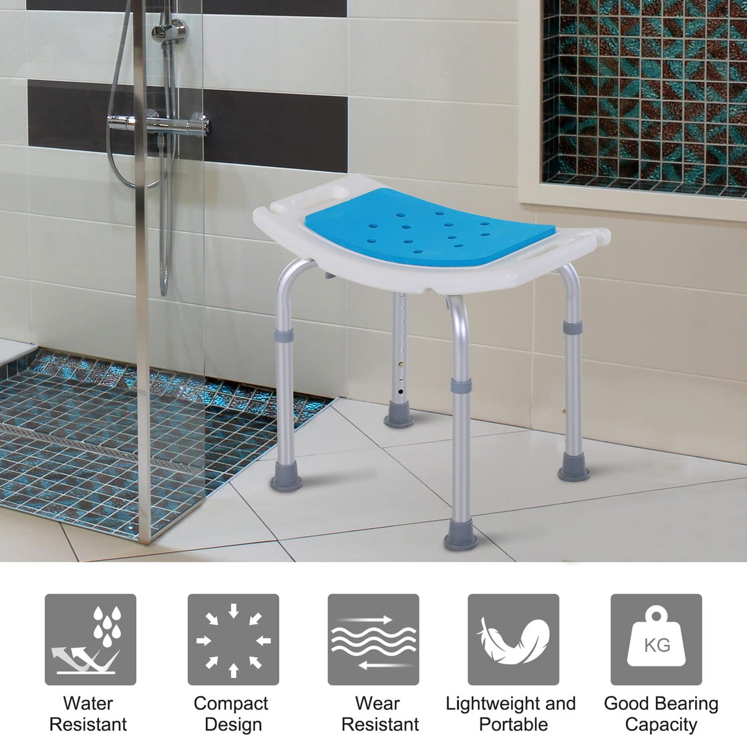 Adjustable Height Shower Stool with Blue Cushioned Seat - image 2