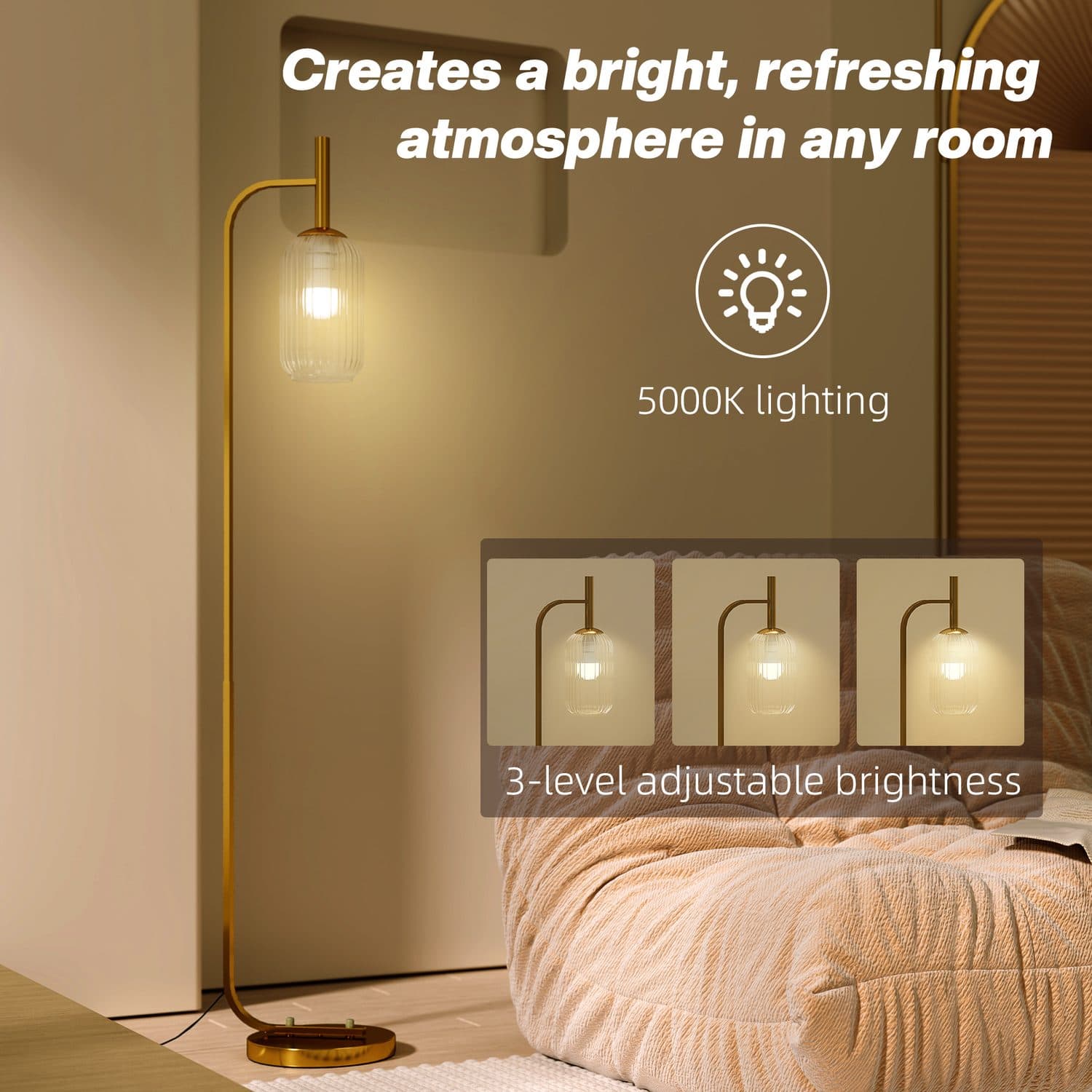 Gold Tone Floor Lamp with Ribbed Glass Shade - image 4