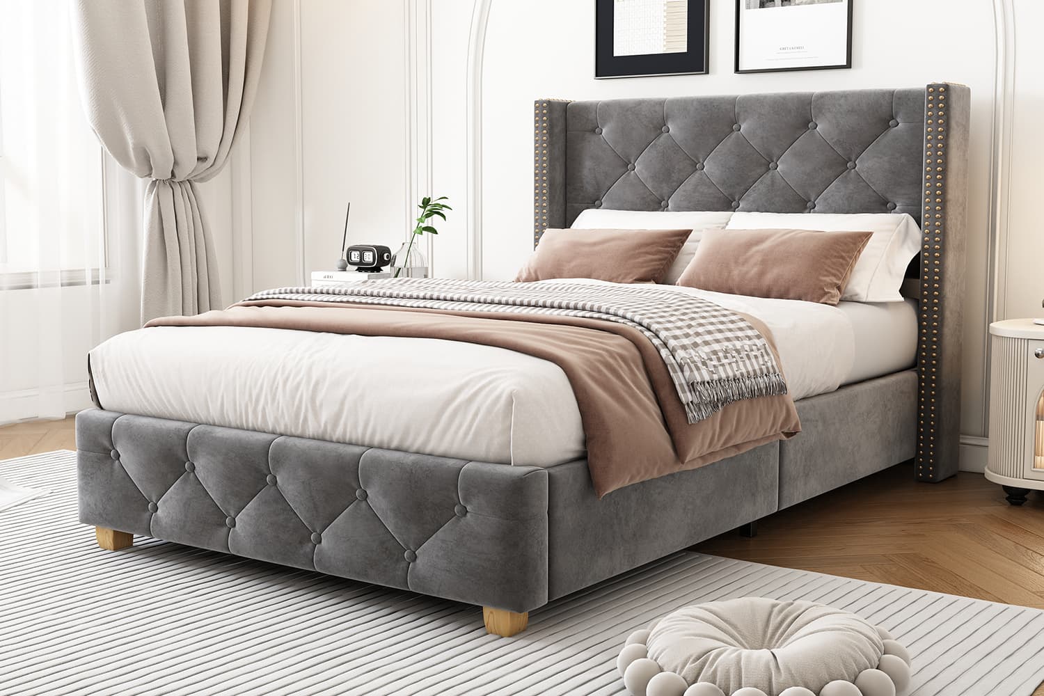 Velvet Single Bed with Button & Rivet Detailing - image 3
