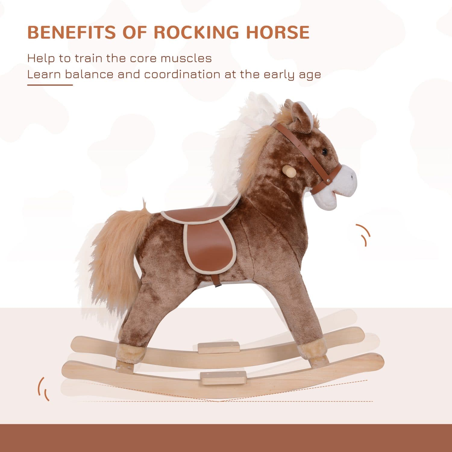 Plush Rocking Horse for Kids — Brown and White with Wooden Base - image 2